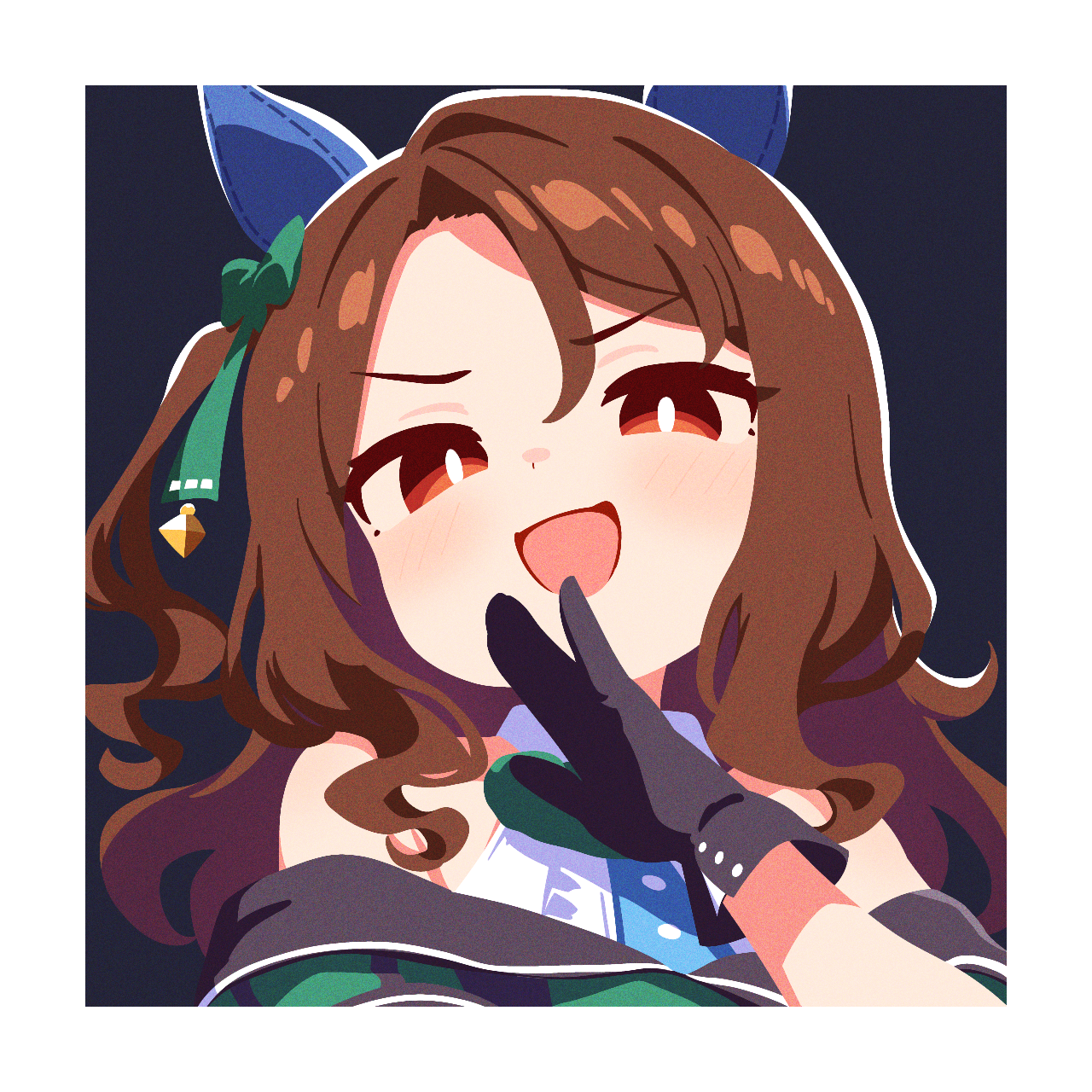 king halo (umamusume), umamusume, highres, 1girl, animal ears, black gloves, border, bow, brown hair, ear covers, gloves, green bow, hair bow, hand to own mouth, horse ears, horse girl, laughing, long hair, looking at viewer, no lineart, off shoulder, ojou-sama pose, one side up, red eyes, sidelocks, solo, v-shaped eyebrows, waonaolmao, white border