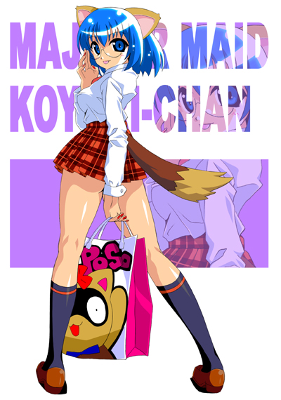 bells (artist), kokubunji koyori, nurse witch komugi-chan, 00s, 1girl, :p, adjusting eyewear, animal ears, bag, blue eyes, blue hair, blue socks, copyright name, female focus, from behind, full body, glasses, holding, kneehighs, legs, legs apart, long sleeves, looking at viewer, looking back, matching hair/eyes, miniskirt, plaid clothes, plaid skirt, pleated skirt, school uniform, serafuku, shirt, shoes, shopping bag, skirt, socks, solo, standing, tail, tongue, tongue out, white shirt, zoom layer