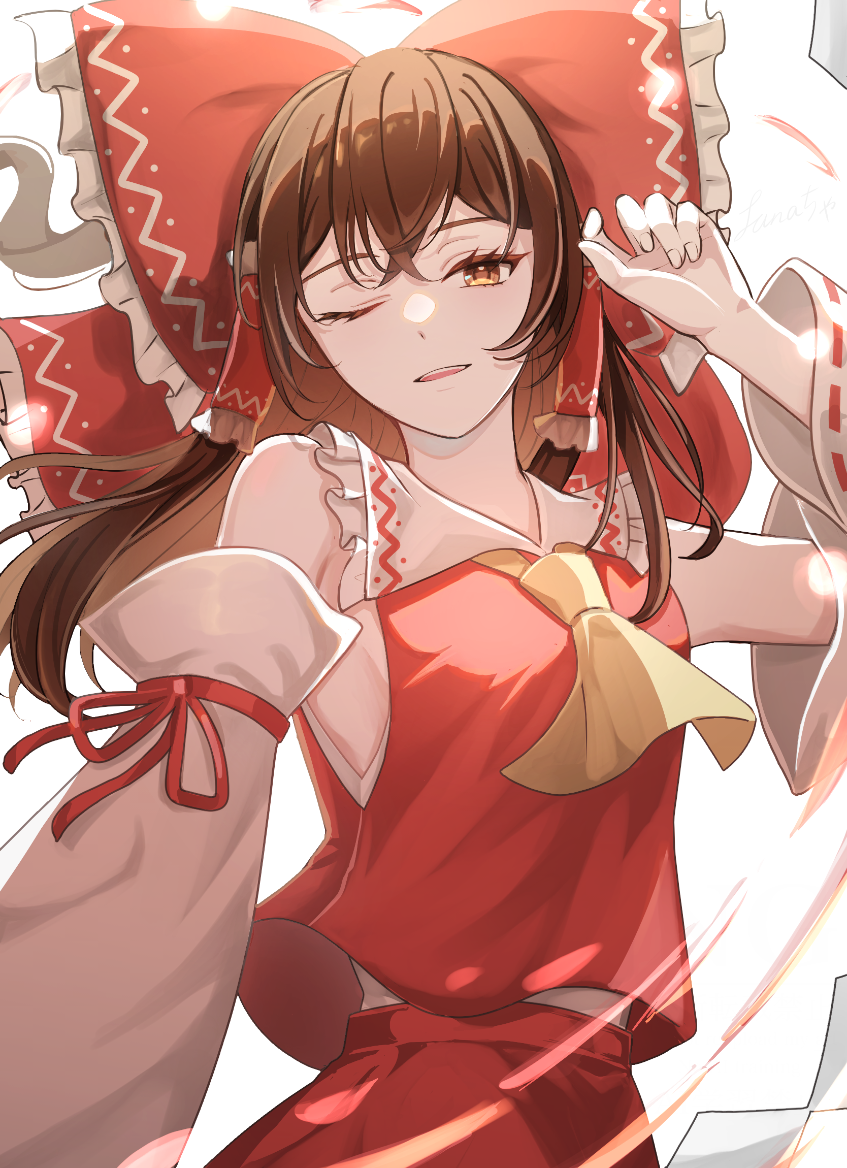 hakurei reimu, touhou, commentary, highres, 1girl, ascot, bare shoulders, bow, brown eyes, brown hair, detached sleeves, frilled bow, frilled hair tubes, frills, gohei, hair bow, hair tubes, long hair, looking at viewer, luuu u u, one eye closed, open mouth, red bow, red shirt, red skirt, ribbon-trimmed sleeves, ribbon trim, shirt, skirt, skirt set, sleeveless, sleeveless shirt, smile, solo, yellow ascot
