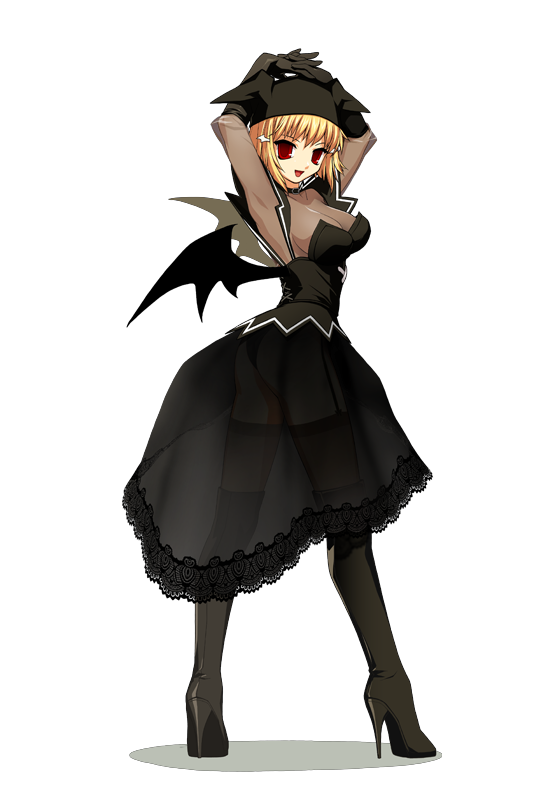 succubus (mabinogi), mabinogi, bat wings, blonde hair, boots, breasts, cleavage, demon girl, elbow gloves, full body, garter belt, gloves, hat, high heel boots, high heels, huge breasts, large breasts, lingerie, red eyes, see-through clothes, short hair, skirt, solo, standing, thigh boots, thighhighs, transparent background, underwear, wings, zettai ryouiki