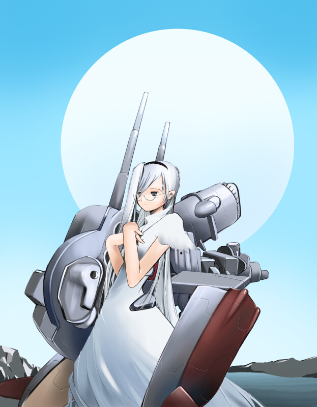 nano (nanosize), tirpitz, dress, glasses, kriegsmarine, long hair, mecha musume, military, ship, solo, watercraft, white hair, world war ii