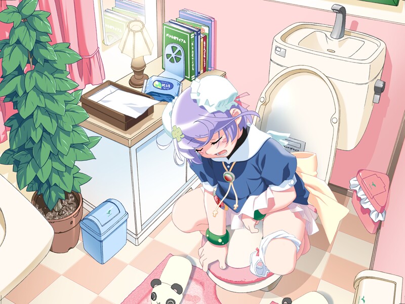 watanabe akio, mii (popotan), popotan, game cg, 00s, 1girl, bathroom, book, bow, bow panties, bun cover, closed eyes, double bun, female focus, female masturbation, fingering, hair bun, indoors, lamp, loli, masturbation, open mouth, panties, panties around leg, plant, purple hair, slippers, solo, toilet, trash can, underwear, white panties