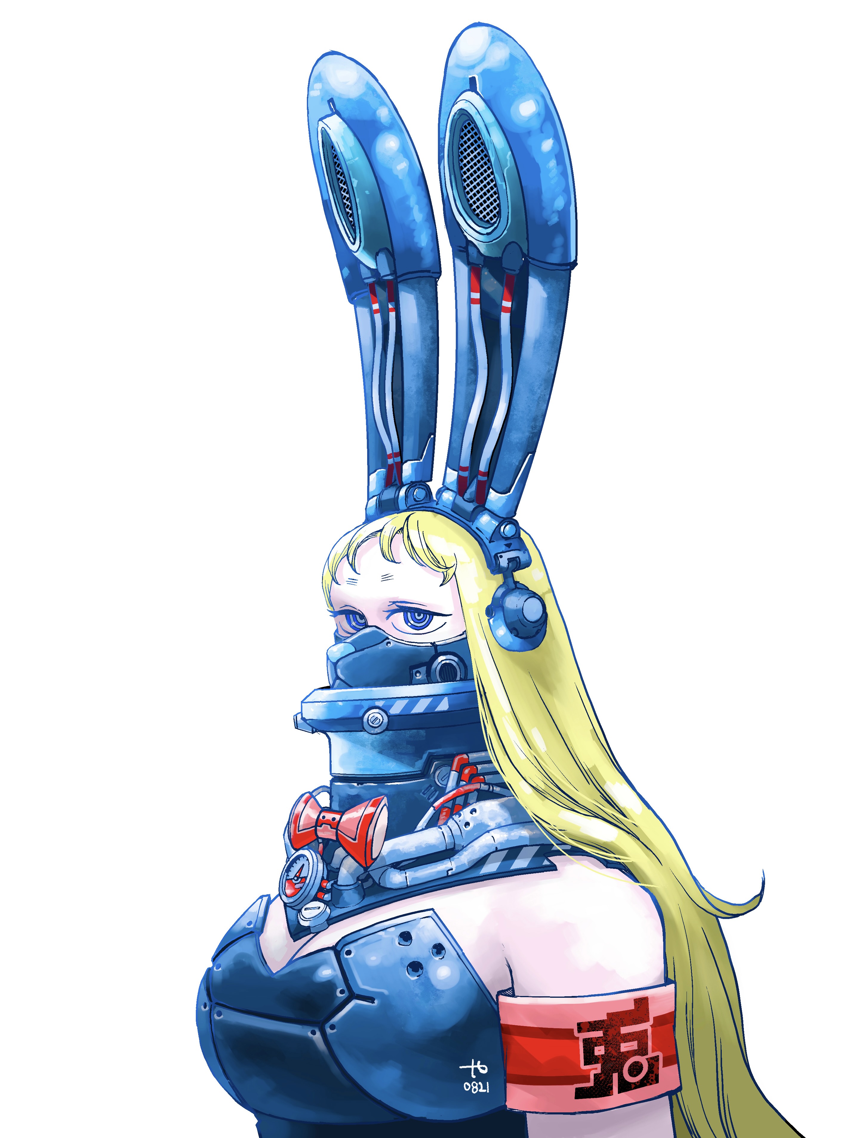 manabu yashiro, touko (tank chair), sensha isu: tank chair, absurdres, commentary, highres, revision, 1girl, animal ears, armband, blonde hair, blue eyes, bow, bowtie, breasts, cleavage, fake animal ears, huge breasts, leotard, mask, mechanical ears, playboy bunny, rabbit ears, red bow, red bowtie, signature, solo, upper body