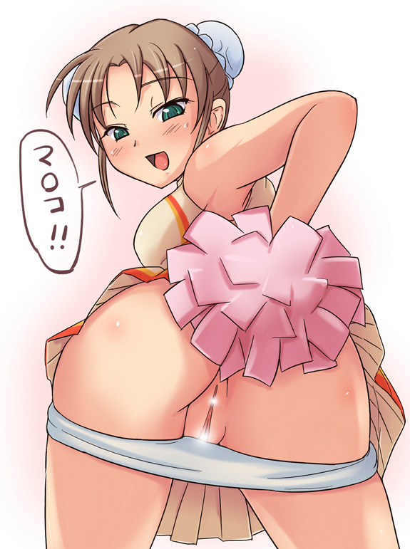e20, quiz magic academy, 1girl, ass, bent over, blush, brown hair, censored, cheerleader, clothing aside, female focus, green eyes, looking back, panties, panties aside, panty pull, pussy, smile, solo, teasing, underwear