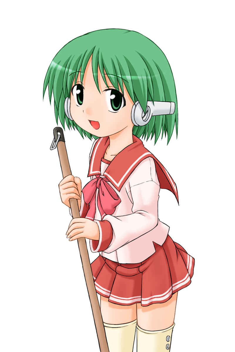 multi (to heart), to heart, to heart (series), 1girl, collarbone, dot nose, feet out of frame, female focus, green eyes, grey hair, holding, long sleeves, looking at viewer, open clothes, red sailor collar, red skirt, ribbon, robot ears, robot girl, sailor collar, school uniform, serafuku, shirt, short hair, simple background, skirt, solo, standing, thighhighs, white background, white shirt