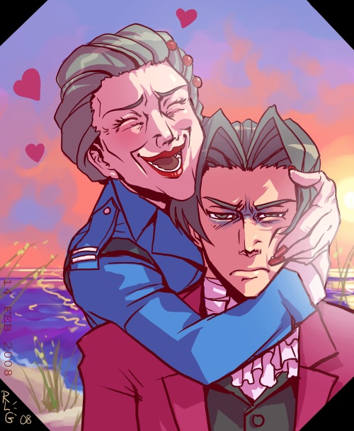rebecca gunter, miles edgeworth, wendy oldbag, ace attorney, capcom, phoenix wright: ace attorney, 1boy, 1girl, ascot, beach, formal clothes, grey eyes, grey hair, hair ornament, heart, hetero, hug, lipstick, makeup, nail polish, old, police, police uniform, policewoman, red nails, short hair, suit, sunset, water