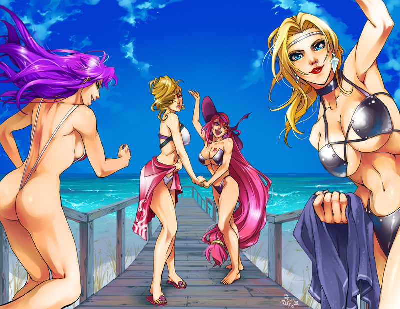 rebecca gunter, angela (seiken densetsu 3), rachel (ninja gaiden), sialeeds falenas, vanessa (luminous arc), gensou suikoden, gensou suikoden v, luminous arc, ninja gaiden, seiken densetsu, seiken densetsu 3, 00s, 2008, 4girls, adapted costume, artist name, ass, beach, bikini, blonde hair, blue eyes, boardwalk, breasts, cleavage, crossover, dated, day, earrings, elf, hair over one eye, hat, heterochromia, huge breasts, jewelry, large breasts, legs, lips, long hair, long legs, low-tied long hair, multiple crossover, multiple girls, muscular, ocean, outdoors, pink hair, pink sarong, pointy ears, purple eyes, purple hair, red eyes, sandals, sarong, sideboob, signature, sky, slingshot swimsuit, swimsuit, thighs, towel, underboob, unworn sarong, very long hair, water