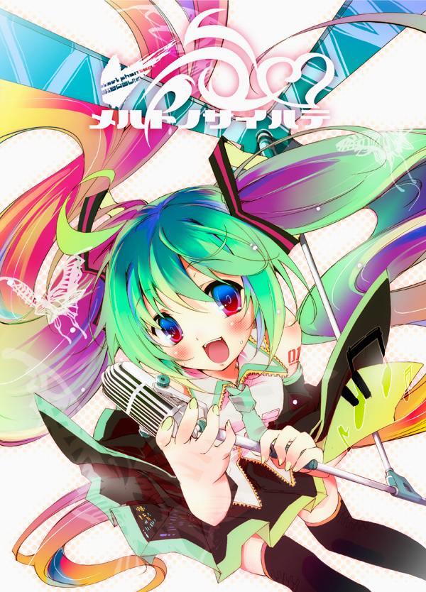 kamiya yuu, hatsune miku, vocaloid, 1girl, aqua hair, blush, bug, butterfly, colorful, detached sleeves, female focus, green nails, insect, long hair, microphone, microphone stand, multicolored hair, nail polish, necktie, solo, thighhighs, twintails, very long hair