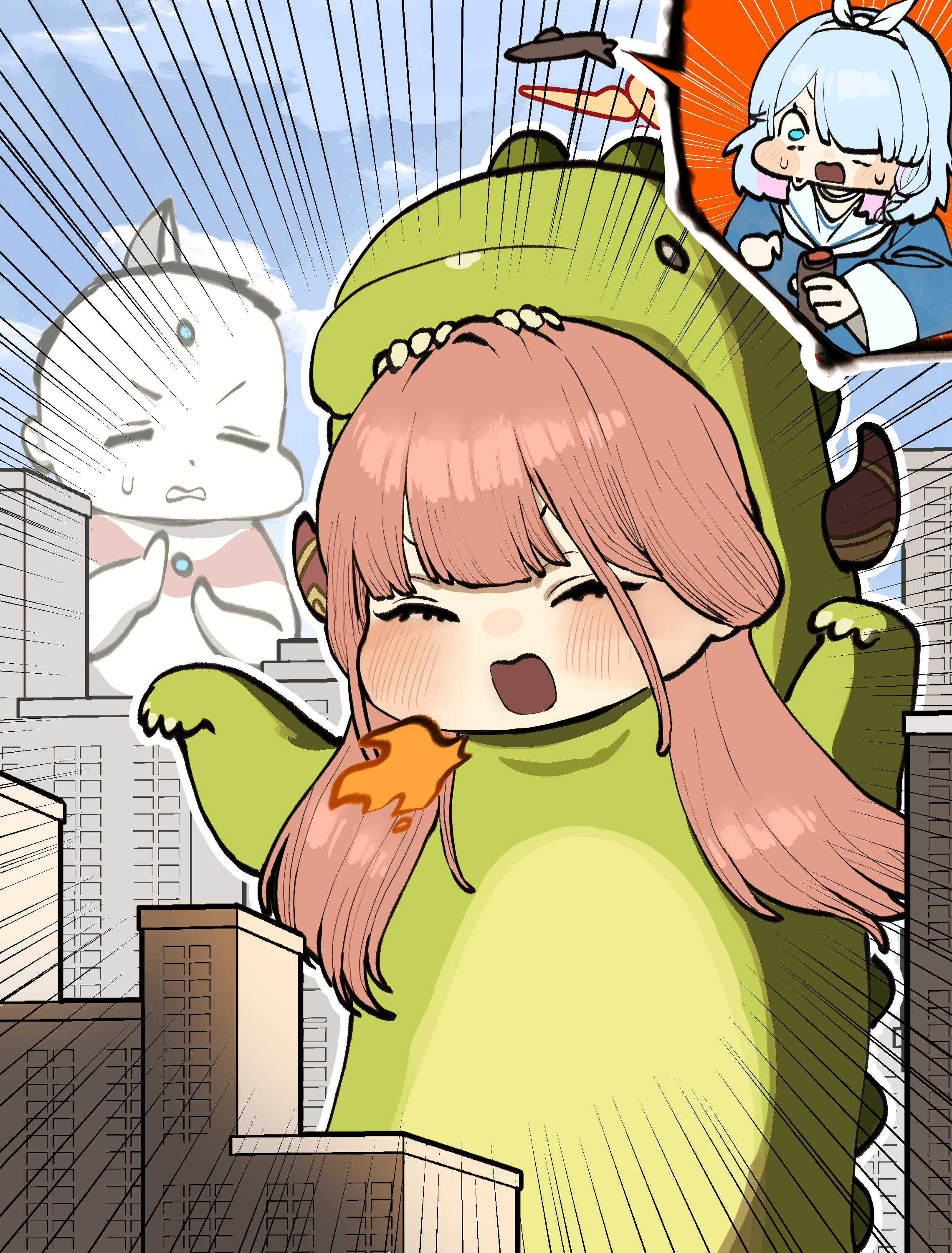 chroong, arona (blue archive), aru (blue archive), doodle sensei (blue archive), sensei (blue archive), ultraman, blue archive, absurdres, highres, 1boy, 2girls, blue eyes, blue hair, braid, breath weapon, breathing fire, building, closed eyes, cloud, colored inner hair, cosplay, demon horns, dinosaur costume, dinosaur hood, dot nose, emphasis lines, fire, giant, hair over one eye, hair ribbon, halo, horns, multicolored hair, multiple girls, nervous sweating, open mouth, orange halo, pink hair, ribbon, side braid, sky, sweat, sweatdrop, ultraman (cosplay), white ribbon