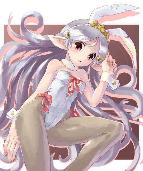 katahira masashi, original, 1girl, animal ears, fake animal ears, female focus, grey pantyhose, hair ornament, hairpin, leotard, long hair, pantyhose, playboy bunny, pointy ears, rabbit ears, solo, wrist cuffs