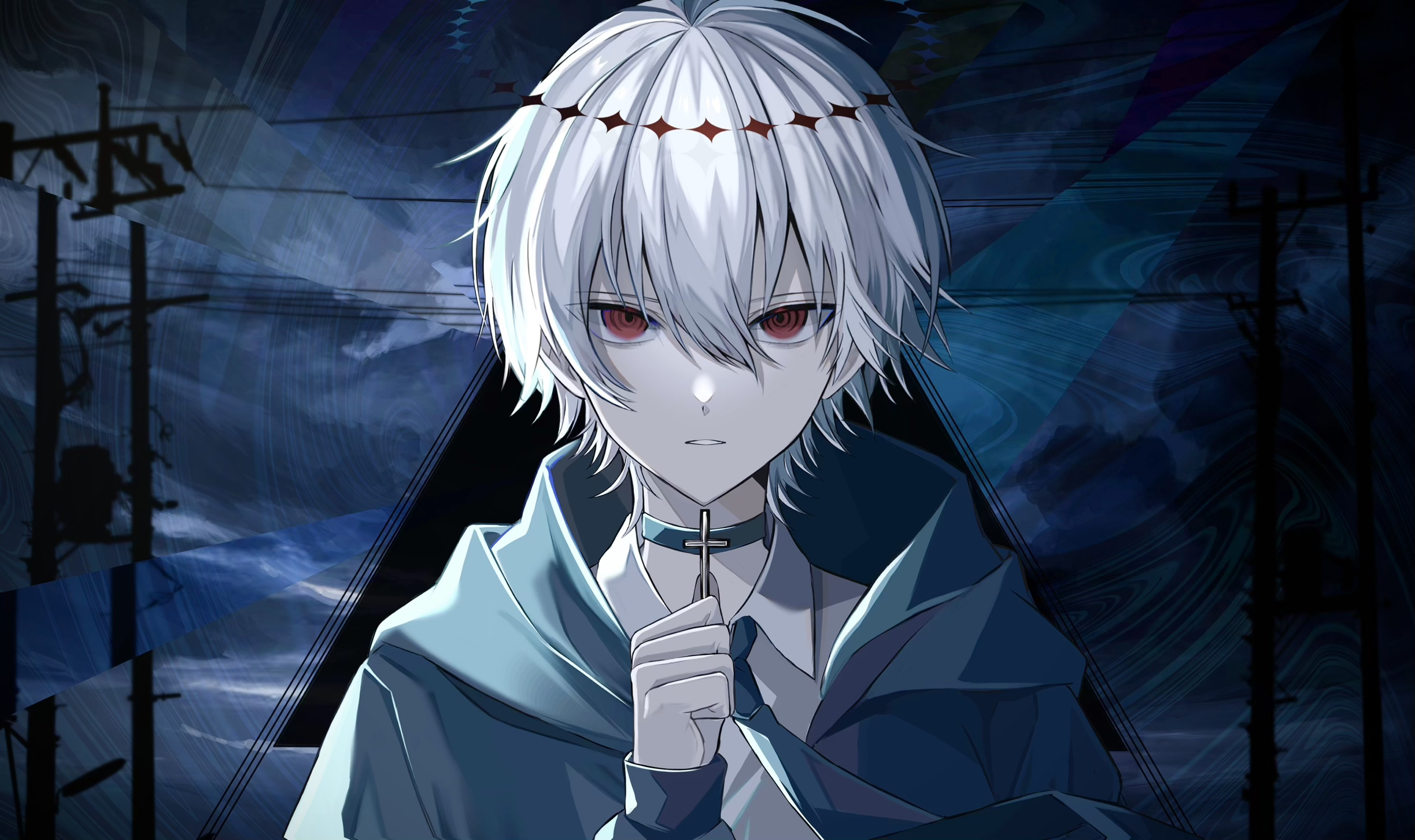 ozx x0, original, commentary request, highres, 1boy, blue choker, blue hoodie, choker, cross, hair between eyes, holding, holding cross, hood, hood down, hoodie, looking at viewer, male focus, parted lips, portrait, red eyes, short hair, solo, white hair