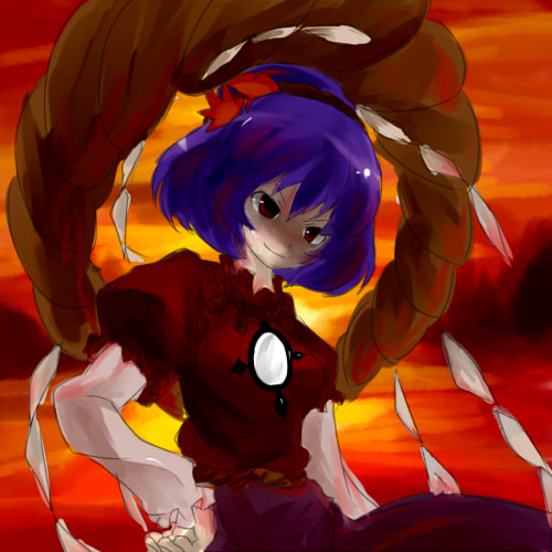 haro (artist), yasaka kanako, touhou, lowres, 1girl, female focus, hair ornament, leaf hair ornament, rope, shimenawa, solo