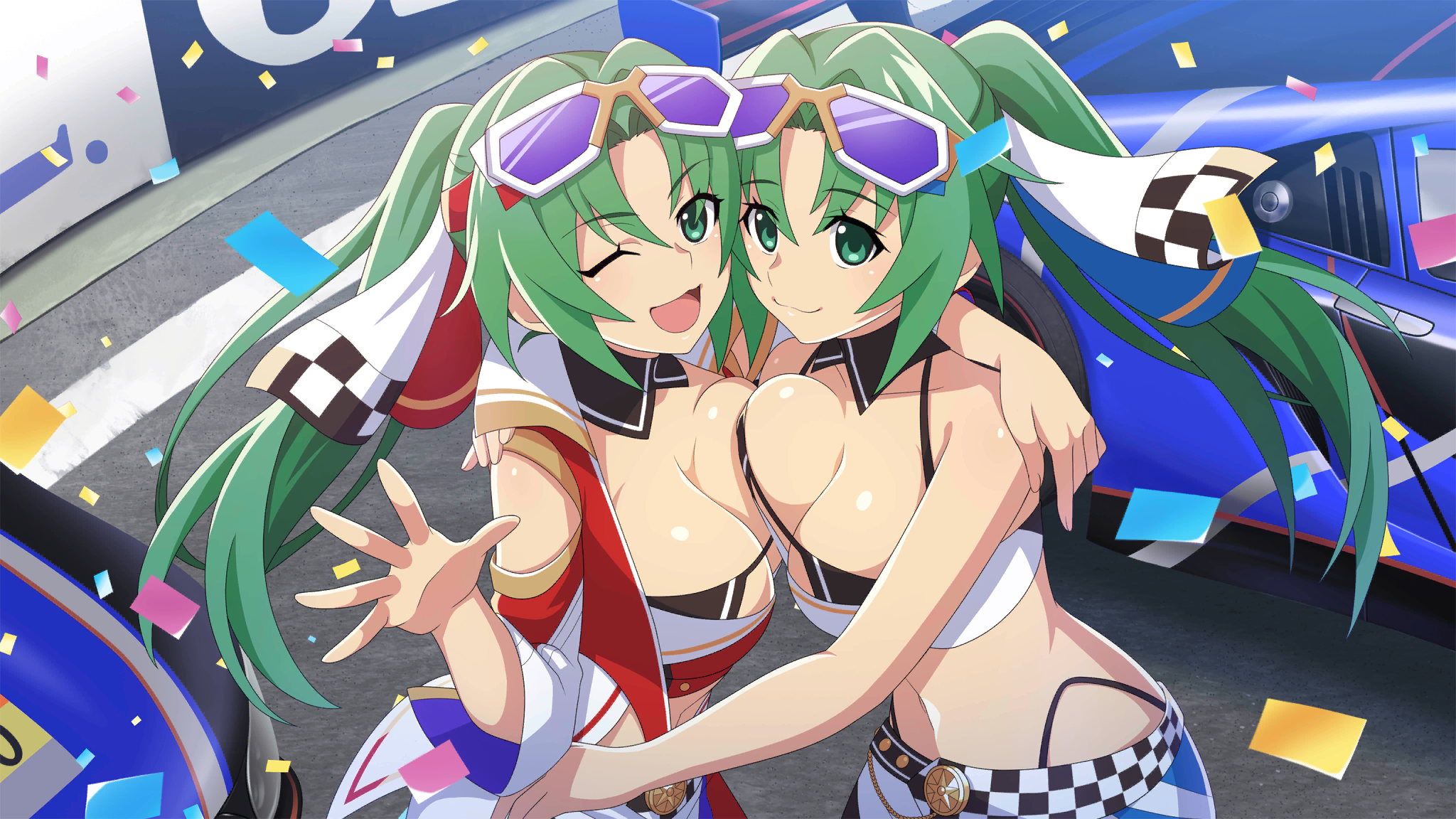 sonozaki mion, sonozaki shion, higurashi no naku koro ni, higurashi no naku koro ni mei, artist request, game cg, highres, non-web source, official art, 2girls, asymmetrical docking, breast press, breasts, car, cleavage, confetti, crop top, eyewear on head, green eyes, green hair, jacket, large breasts, looking at viewer, midriff, motor vehicle, multiple girls, navel, one eye closed, open mouth, ponytail, race queen, race vehicle, racecar, siblings, sisters, smile, waving