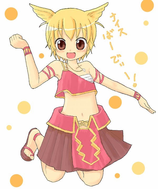 chaba (chabanyu), chaba, lola, lola (pangya), pangya, translation request, 1girl, anklet, armband, blonde hair, blush, brown eyes, crop top, feet, female focus, flat chest, head wings, jewelry, jumping, midriff, navel, necklace, open mouth, sandals, sarashi, short hair, skirt, solo, wings, wristband