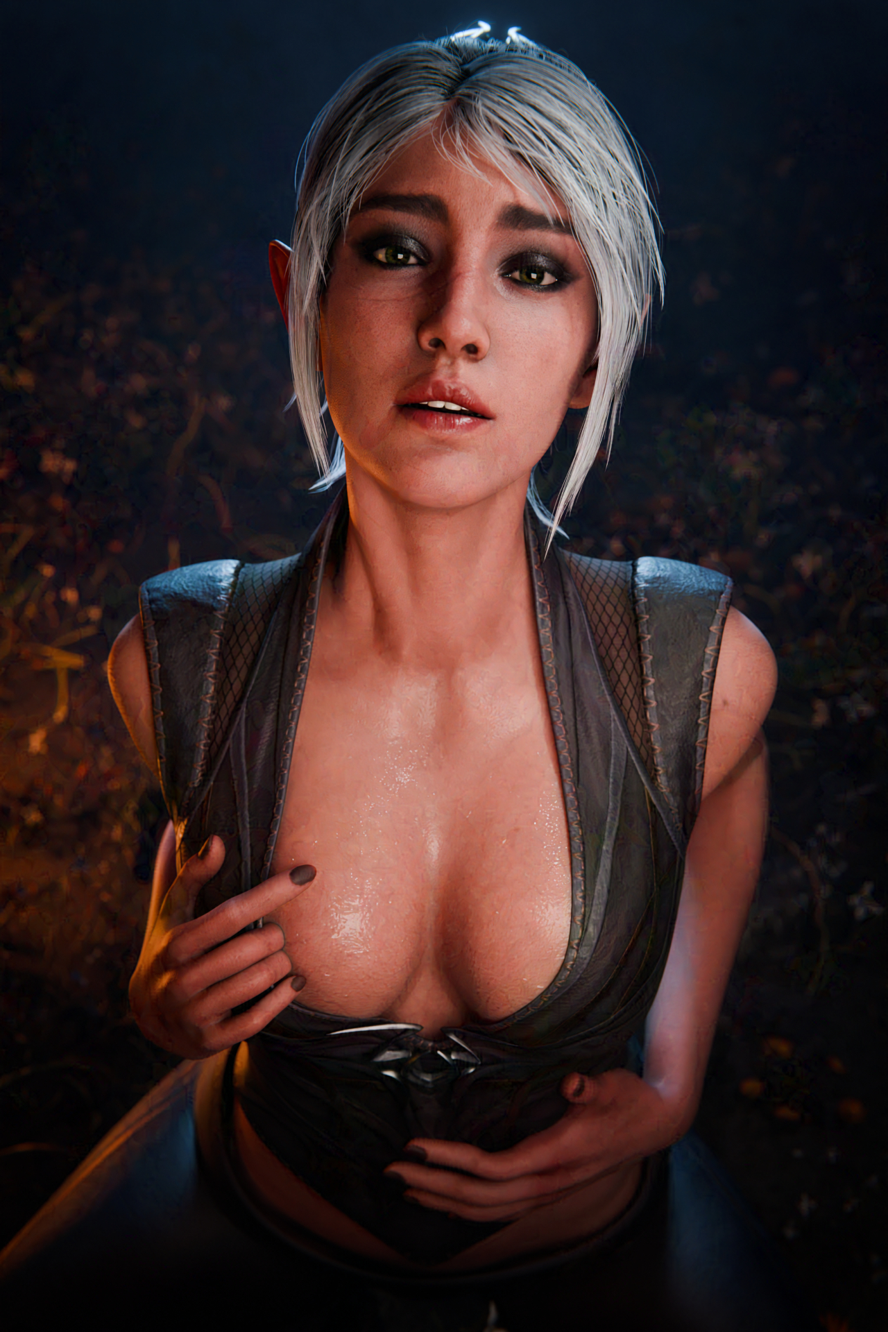 shadowheart (baldur's gate), baldur's gate, baldur's gate 3, dungeons & dragons, dungeons & dragons, blender (medium), highres, 1girl, 3d, aleksor, black corset, black eyeshadow, black nails, braid, braided ponytail, breasts, cleavage cutout, clothes lift, clothing cutout, corset, elf, eyeshadow, green eyes, looking at viewer, makeup, parted lips, pointy ears, ponytail, scar, scar on face, scared, sidelocks, sleeveless, teeth, upper teeth only, wet, white hair