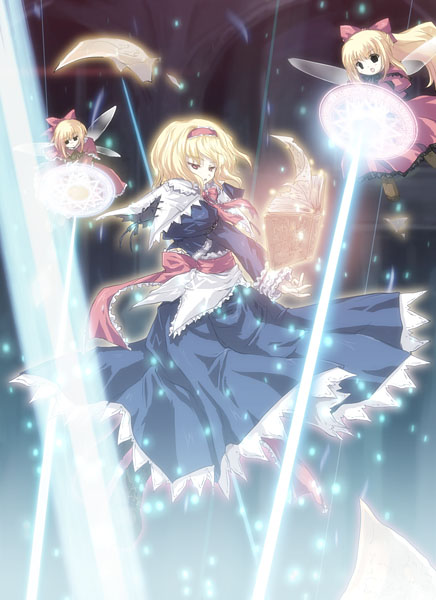 tokiame, alice margatroid, hourai doll, shanghai doll, touhou, 1girl, blonde hair, danmaku, female focus, laser, solo