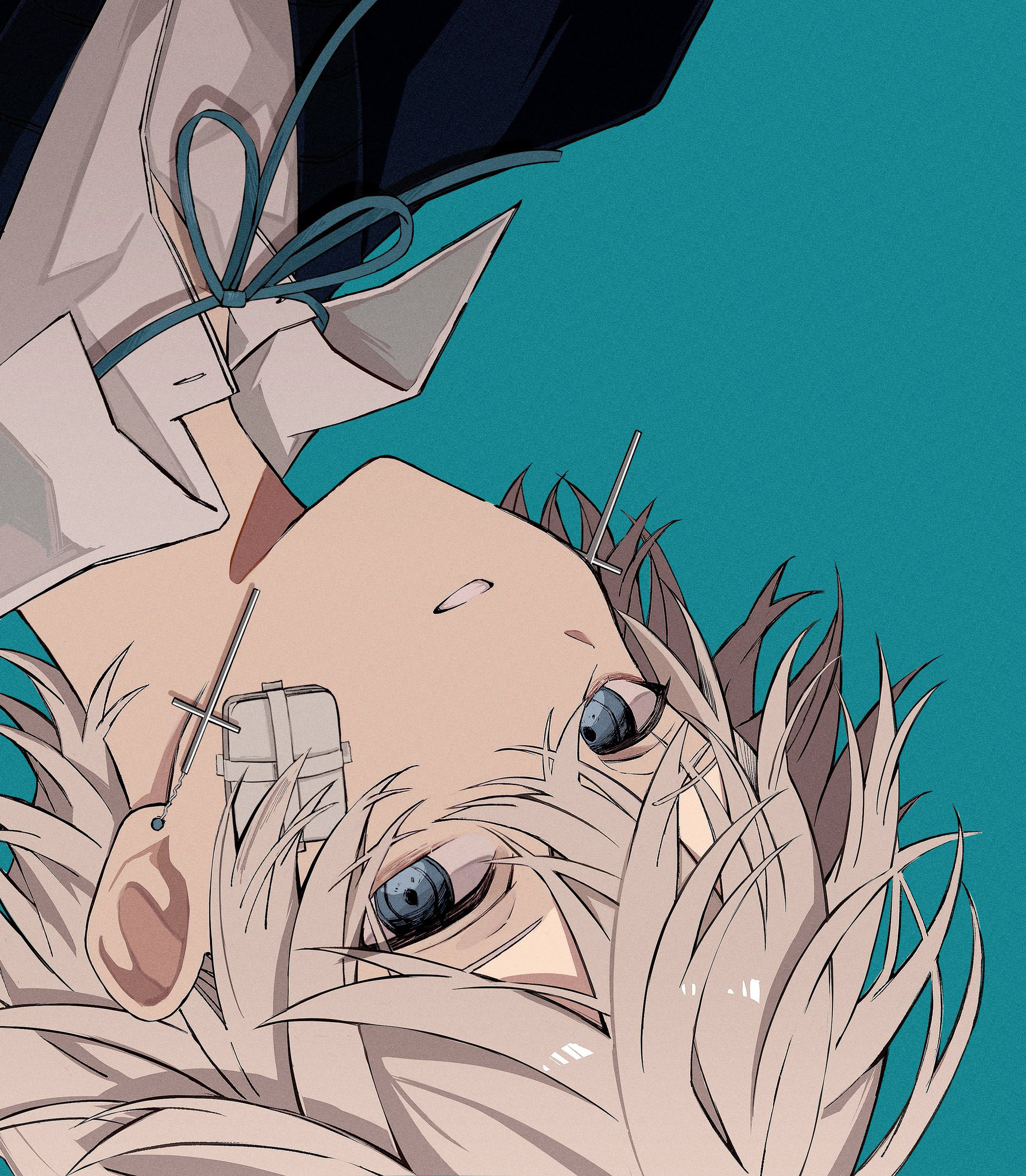 ozx x0, original, commentary request, highres, 1boy, bandaid, bandaid on cheek, bandaid on face, blue background, blue eyes, blue ribbon, collared shirt, grey hair, hair between eyes, looking at viewer, male focus, neck ribbon, parted lips, portrait, ribbon, shirt, simple background, solo, white shirt