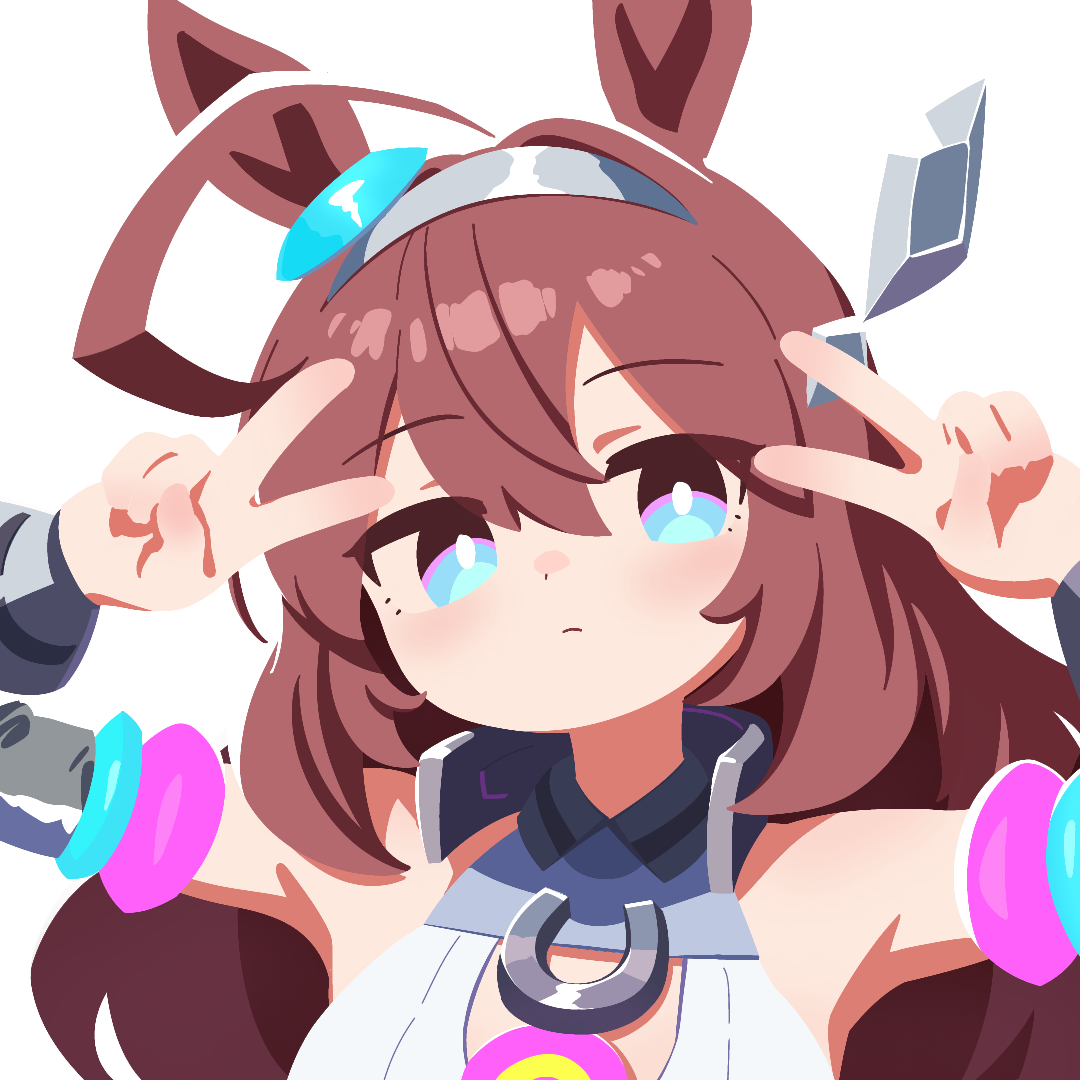 mihono bourbon (umamusume), umamusume, 1girl, ahoge, animal ears, armpits, black background, blue eyes, border, bright pupils, brown hair, closed mouth, detached sleeves, double-parted bangs, double v, expressionless, film grain, grey hairband, grey sleeves, hair between eyes, hairband, horse ears, horseshoe ornament, long hair, no lineart, portrait, shirt, simple background, sleeveless, sleeveless shirt, solo, v, waonaolmao, white pupils, white shirt