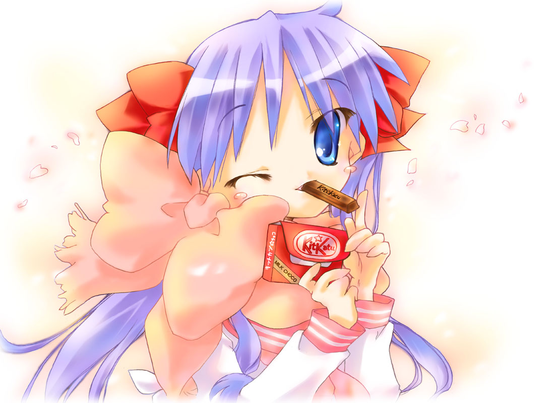 nyanmilla, hiiragi kagami, kitkat, lucky star, 00s, 1girl, blue eyes, blush stickers, bow, cherry blossoms, chocolate, eating, female focus, flat chest, food, hair bow, long hair, looking at viewer, mouth hold, necktie, one eye closed, petals, pink scarf, pointing, product placement, purple hair, scarf, school uniform, serafuku, solo, twintails, upper body, very long hair, wink