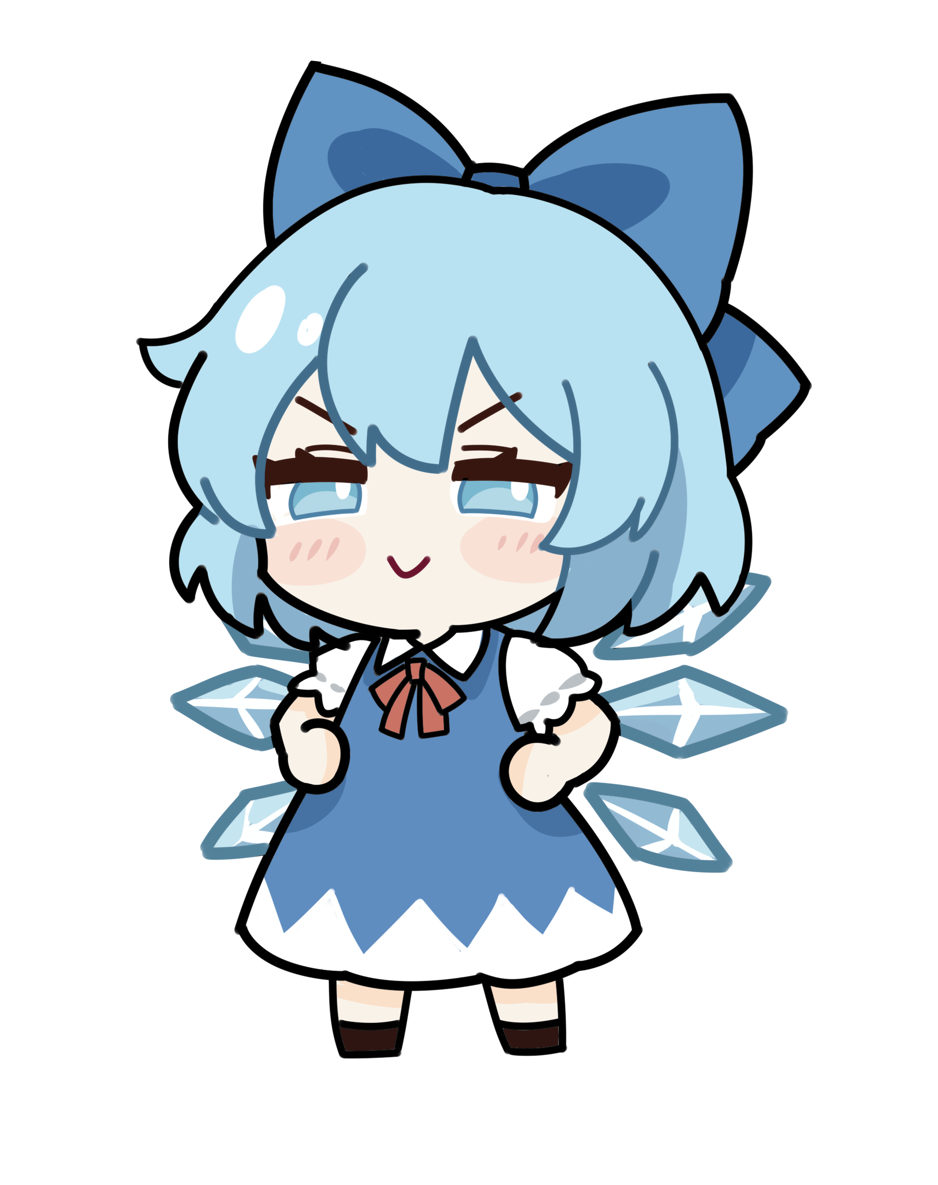 cirno, touhou, commentary, highres, symbol-only commentary, 1girl, blue bow, blue dress, blue eyes, blue hair, blush stickers, bow, chibi, chibi only, dress, hair bow, ice, ice wings, looking at viewer, neck ribbon, puffy short sleeves, puffy sleeves, que si tian yu ze, red ribbon, ribbon, short hair, short sleeves, simple background, smile, solo, white background, wings