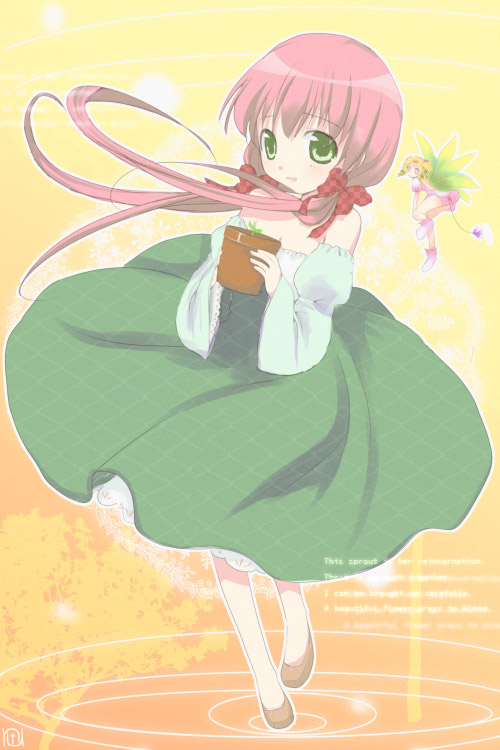 kayune niu, original, 2girls, blonde hair, fairy, green eyes, mini person, minigirl, multiple girls, pink hair, plant, potted plant, size difference