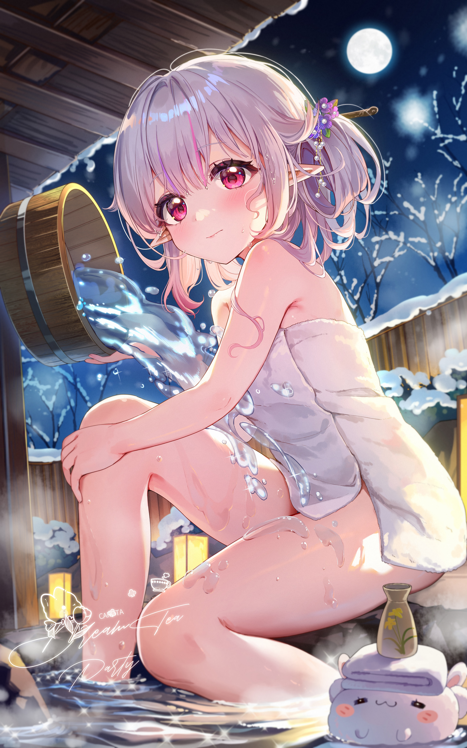 ziyue, indie virtual youtuber, absurdres, commentary request, highres, 1girl, bare legs, bare shoulders, bathing, full moon, light blush, looking at viewer, medium hair, moon, no panties, outdoors, pointy ears, red eyes, sitting, solo, thighs, water