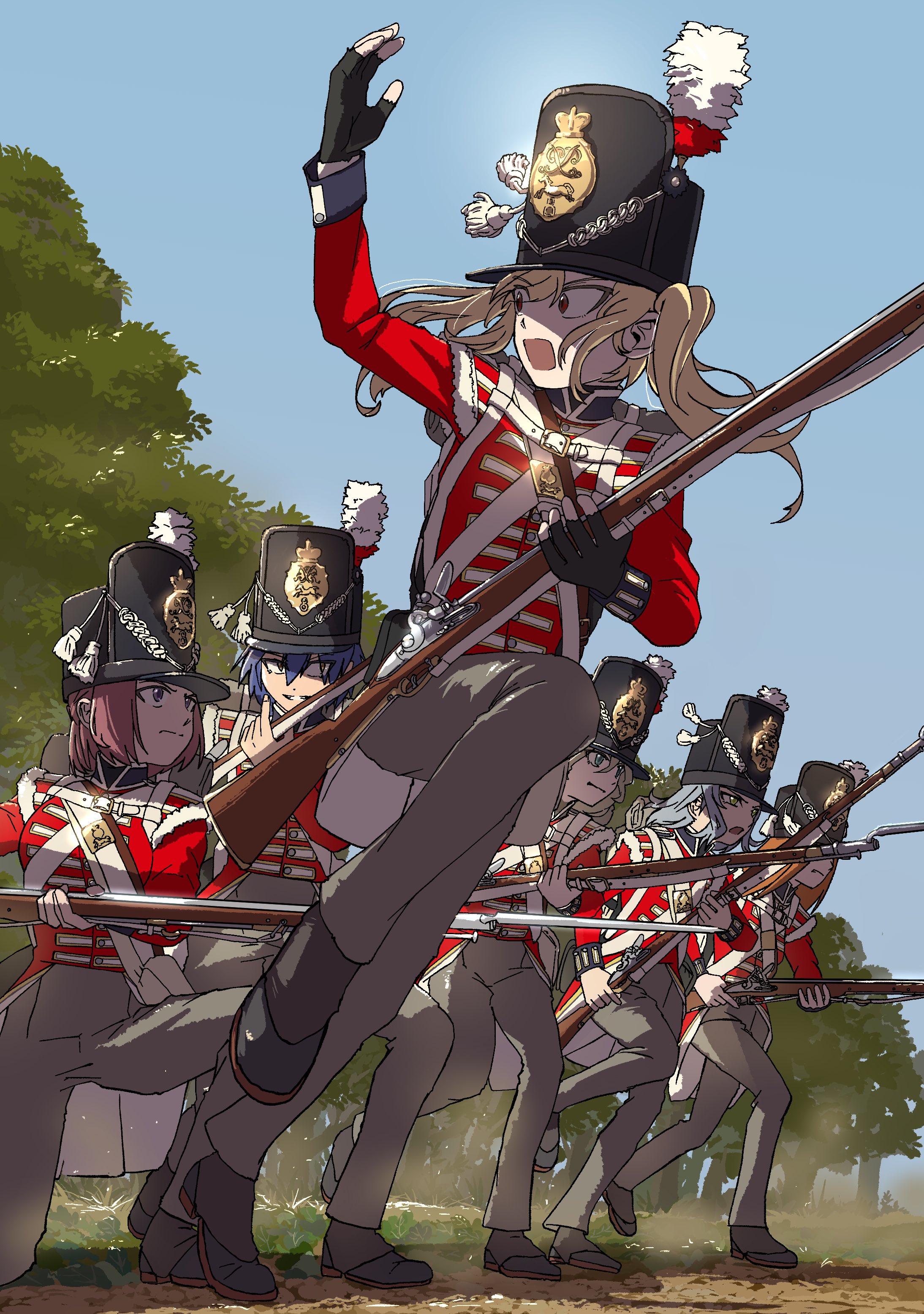 zeinikunosekai, original, absurdres, commentary request, highres, 6+girls, antique firearm, arm up, bayonet, black hat, black shoes, blonde hair, blue eyes, blue hair, british army, day, firearm, firelock, flintlock, green eyes, grey pants, gun, hat, hat feather, hat ornament, holding, holding gun, holding weapon, jacket, line infantry, long sleeves, military, military combat uniform, military hat, military uniform, multiple girls, musket, napoleonic wars, orange hair, outdoors, pants, red eyes, red hair, red jacket, shako cap, shoes, soldier, twintails, weapon