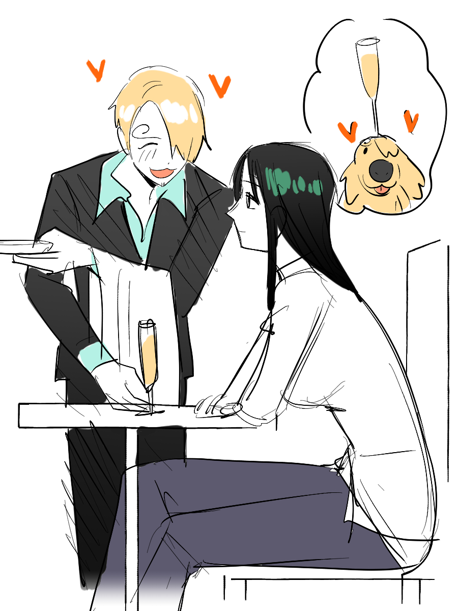 p5naq pv, nico robin, sanji (one piece), one piece, highres, unfinished, 1boy, 1girl, black hair, blonde hair, chair, curly eyebrows, dog, formal clothes, hair over one eye, happy, on chair, sitting, sketch, smile, speech bubble, suit, table, thought bubble