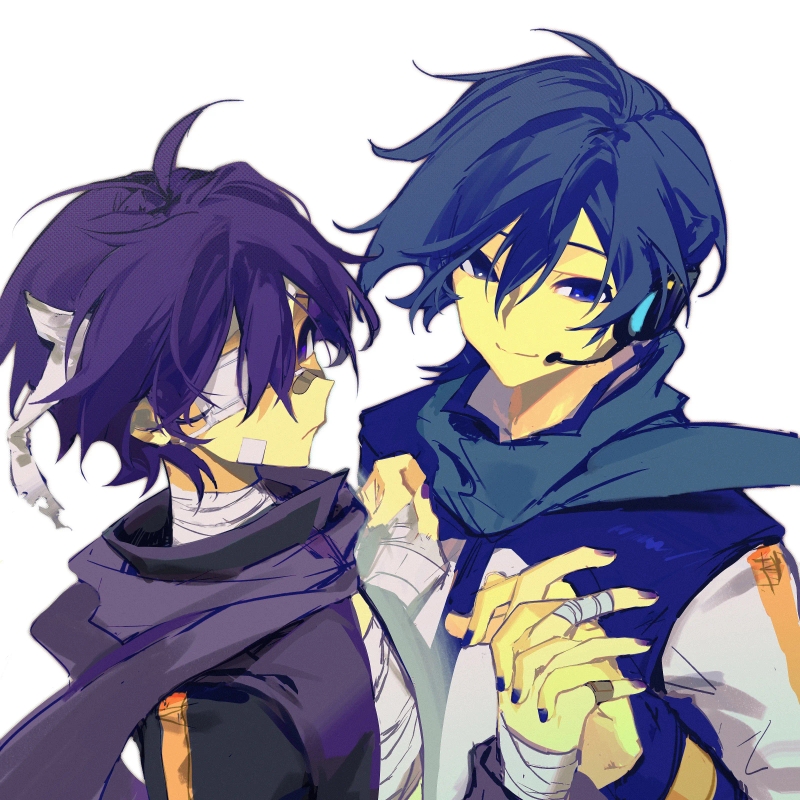 kaito (vocaloid), taito (vocaloid), vocaloid, 2boys, bandaged chest, bandaged fingers, bandaged head, bandaged neck, bandaged wrist, bandages, bandaid, bandaid on cheek, bandaid on face, bandaid on finger, bandaid on nose, beret cj, black jacket, blue eyes, blue hair, blue nails, blue scarf, closed mouth, dated commentary, eyepatch, hair between eyes, headset, interlocked fingers, jacket, looking at viewer, male focus, medical eyepatch, multiple boys, purple eyes, purple hair, purple nails, purple scarf, scarf, short hair, simple background, smile, white background