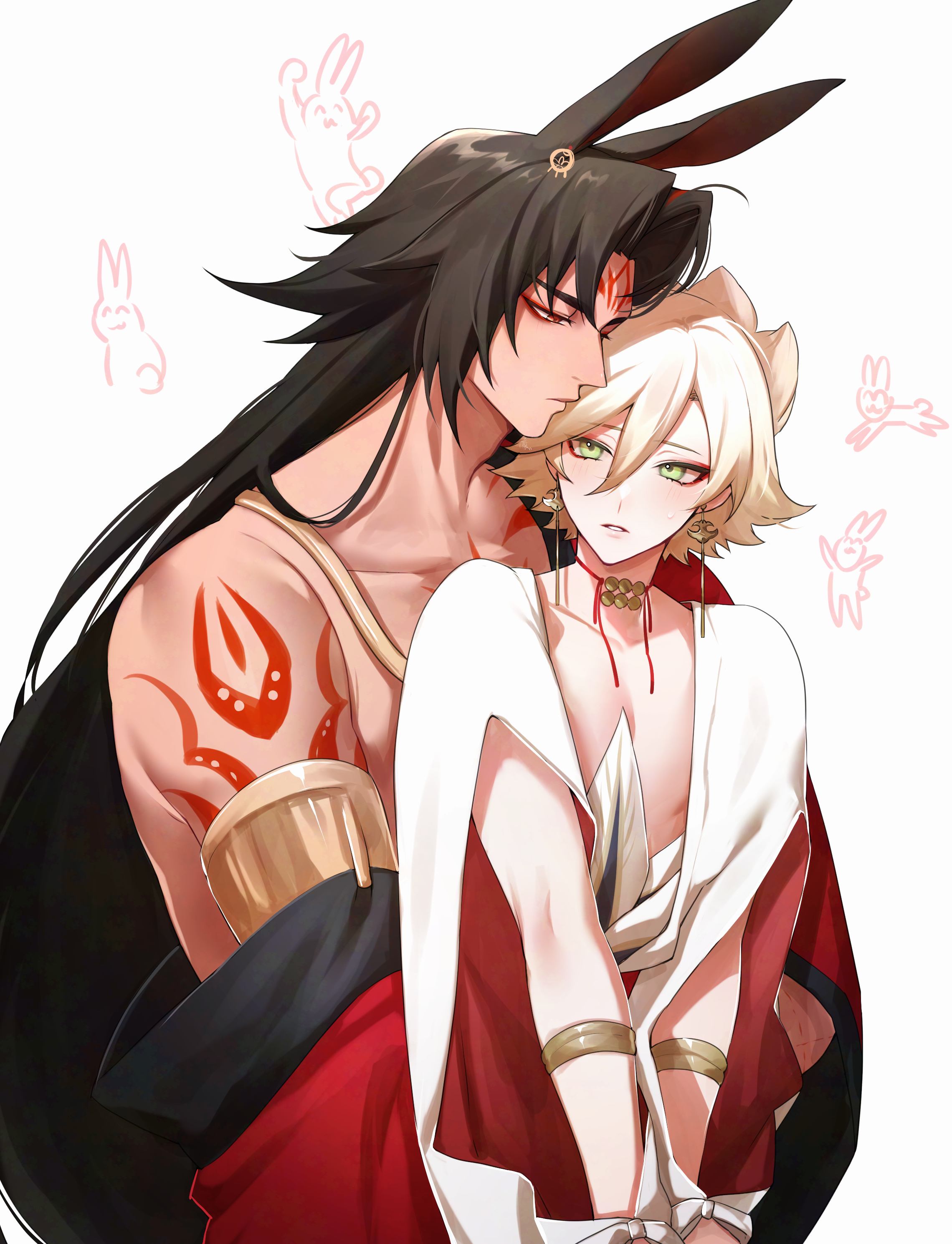 konsai 2, asura (onmyoji), taishakuten (onmyoji), onmyoji, absurdres, commentary request, highres, 2boys, animal ears, black hair, blonde hair, earrings, eyeliner, facial mark, girly boy, green eyes, hair between eyes, height difference, hug, hug from behind, jewelry, light blush, long hair, looking at another, makeup, male focus, multicolored hair, multiple boys, rabbit ears, red eyeliner, short hair, simple background, upper body, white background, yaoi
