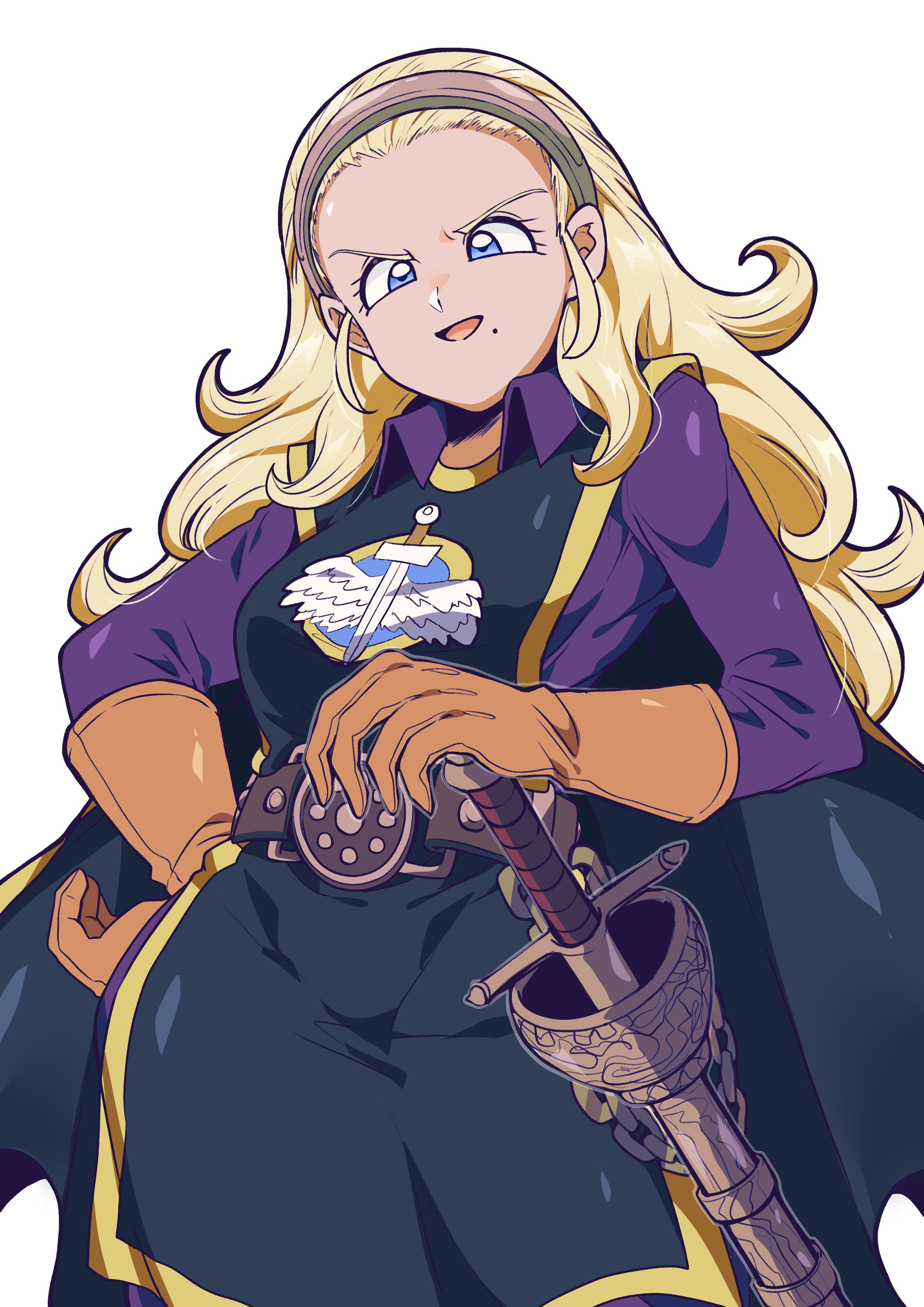 otyumamii, anlucea, dragon quest, dragon quest x, absurdres, highres, 1girl, anlucea the maluminary, belt, black tabard, blonde hair, blue eyes, breasts, cowboy shot, curly hair, gloves, gold trim, hair pulled back, hairband, hand on own hip, long hair, looking down, medium breasts, mole, mole under mouth, open mouth, orange gloves, pants, purple pants, purple shirt, sheath, sheathed, shirt, silver hairband, solo, sword, tabard, weapon, white background