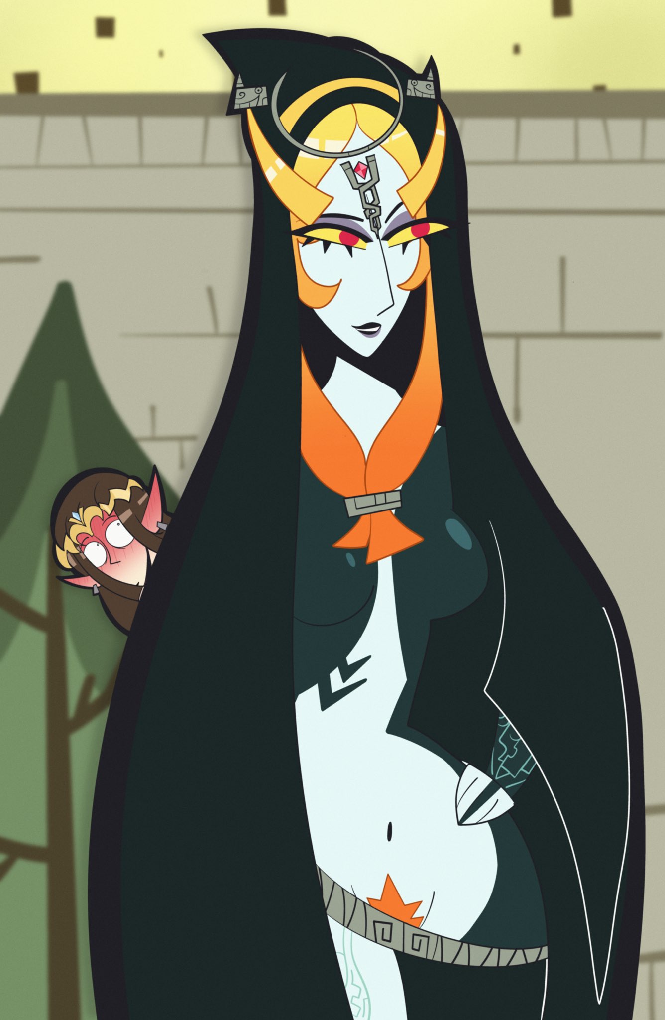tubularparu, midna, midna (true), princess zelda, nintendo, the legend of zelda, the legend of zelda: twilight princess, commentary, english commentary, highres, 2025, 2girls, arm tattoo, black skin, blue skin, blush, breasts, bridal gauntlets, brown hair, circlet, cloak, colored pubic hair, colored sclera, colored skin, earrings, eyeshadow, female focus, front ponytail, glowing, glowing tattoo, grin, hair tie, hand on own hip, hood, hood up, hooded cloak, jewelry, leg tattoo, long hair, makeup, medium breasts, multicolored skin, multiple girls, navel, nose blush, outdoors, pubic hair, pubic hair peek, purple eyeshadow, purple lips, red eyes, sarong, sidelocks, sky, smile, tattoo, thick thighs, thighs, toon (style), tree, two-tone skin, v-shaped eyebrows, yellow sclera, yellow sky