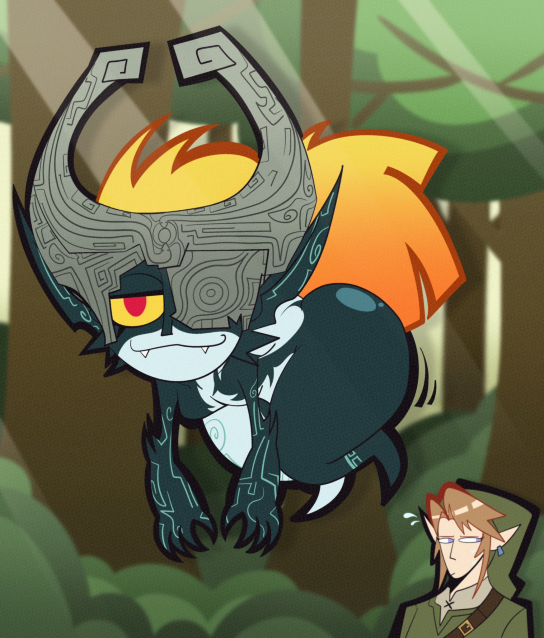 tubularparu, link, midna, nintendo, the legend of zelda, the legend of zelda: twilight princess, commentary, english commentary, highres, 1boy, 1girl, 2025, :3, arm tattoo, ass, barefoot, belt, belt buckle, black skin, blue eyes, blue skin, breasts, buckle, colored sclera, colored skin, covered eyes, day, earrings, fang, fang out, floating, forest, green hat, green tunic, hat, helmet, helmet over eyes, huge ass, jewelry, leg tattoo, long hair, looking to the side, motion lines, multicolored skin, nature, navel, nude, orange hair, outdoors, outline, parted bangs, phrygian cap, pointy ears, ponytail, red eyes, shortstack, small breasts, sunlight, sweatdrop, tattoo, thick thighs, thighs, toon (style), tunic, two-tone skin, wide hips, yellow sclera