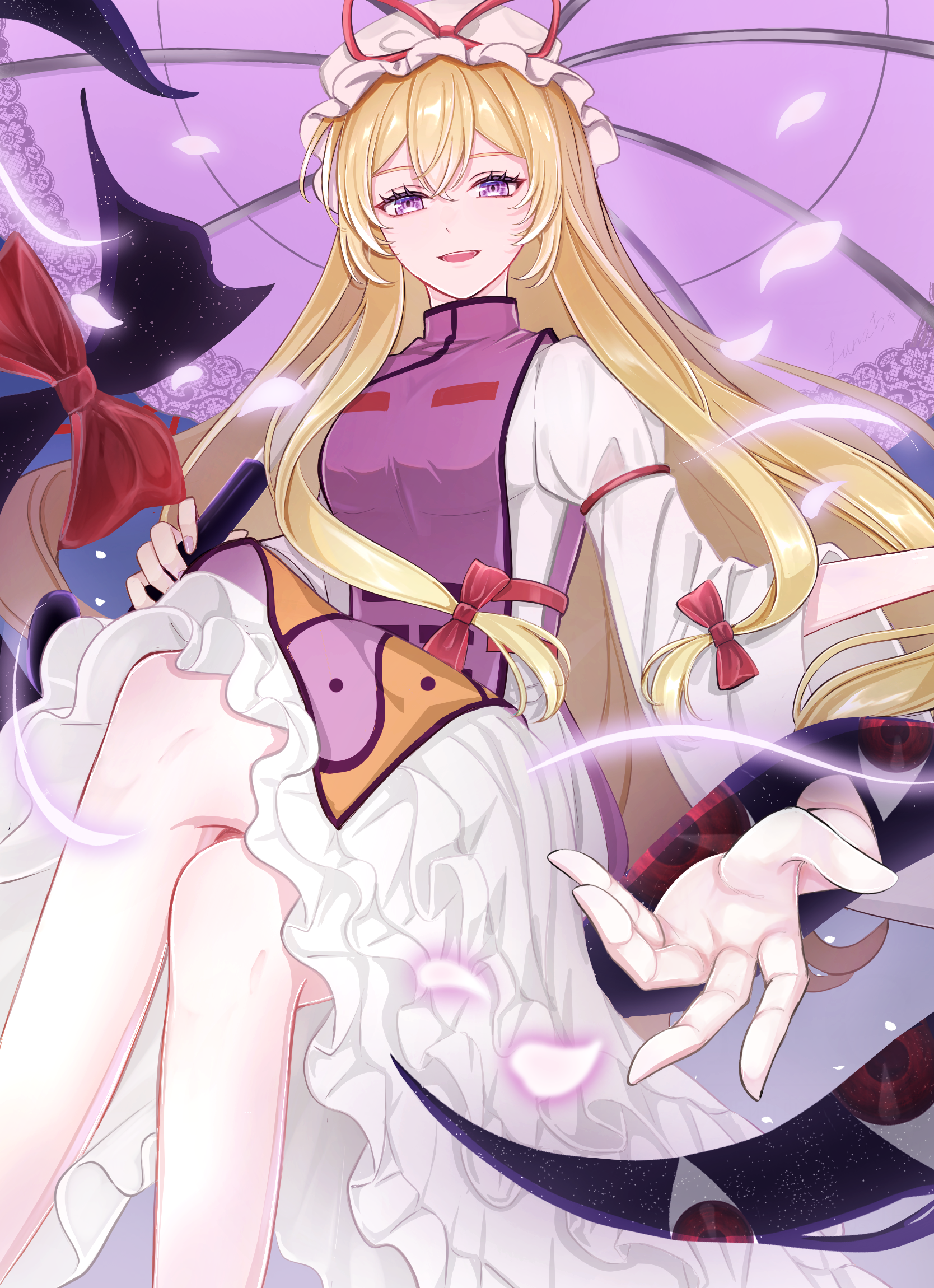 yakumo yukari, touhou, commentary, highres, 1girl, blonde hair, bow, breasts, crossed legs, dress, falling petals, gap (touhou), hair bow, hat, hat ribbon, holding, holding umbrella, long hair, long sleeves, looking at viewer, luuu u u, mob cap, open mouth, petals, pink petals, purple eyes, purple tabard, reaching, reaching towards viewer, red bow, red ribbon, ribbon, smile, solo, tabard, umbrella, white dress, white hat, wide sleeves