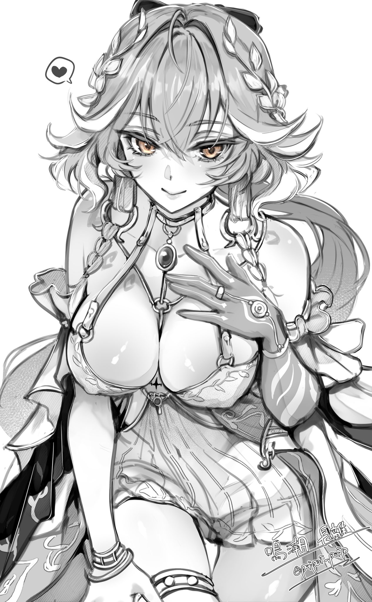 poipoi poip, changli (wuthering waves), wuthering waves, highres, 1girl, breasts, english text, greyscale, hair ornament, heart, jewelry, long hair, monochrome, necklace, sitting, swimsuit, yellow eyes