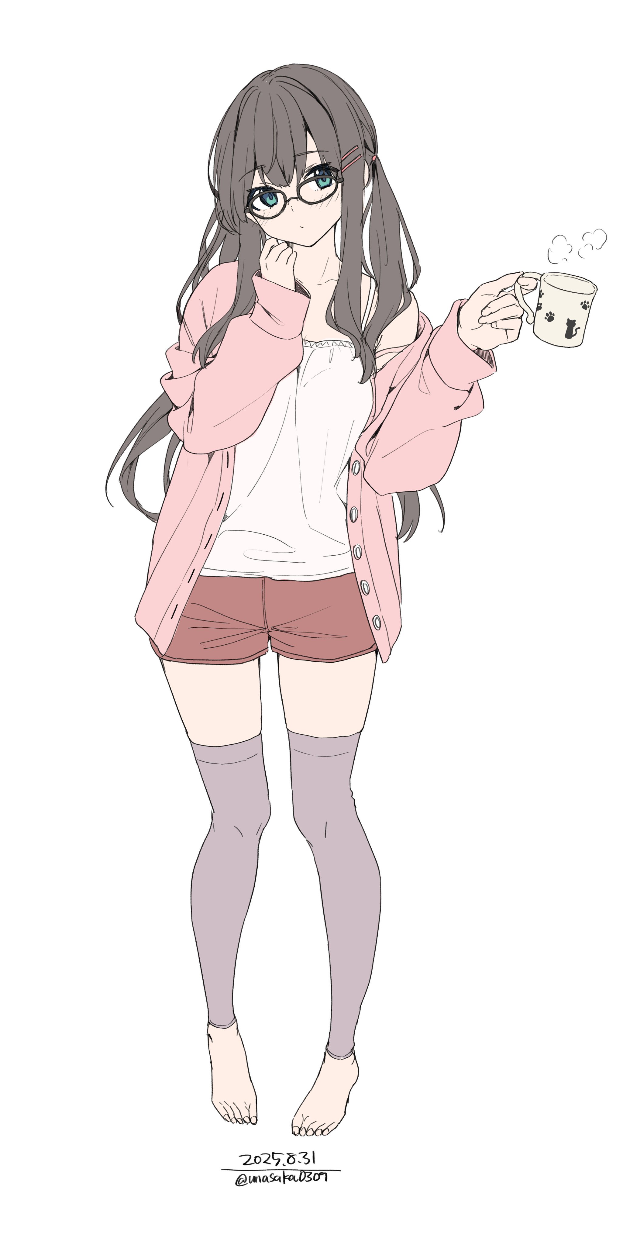 unasaka ryou, original, absurdres, highres, 1girl, barefoot, blue eyes, breasts, brown hair, cardigan, closed mouth, coffee mug, collarbone, cup, glasses, hair ornament, hairclip, holding, holding cup, long hair, long sleeves, looking at viewer, mug, open cardigan, open clothes, pink cardigan, purple thighhighs, red shorts, shorts, simple background, solo, tank top, thighhighs, white background, white tank top