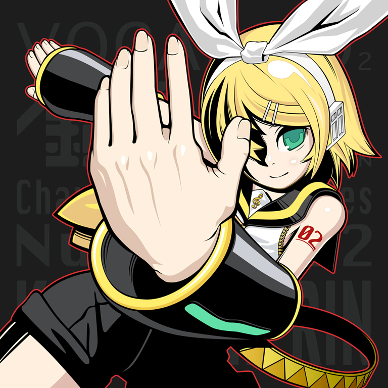 kikukawa norihiko, kagamine rin, vocaloid, bad id, bad pixiv id, 1girl, aqua eyes, blonde hair, epic, female focus, foreshortening, one eye covered, short shorts, shorts, shoulder tattoo, solo, tattoo, treble clef