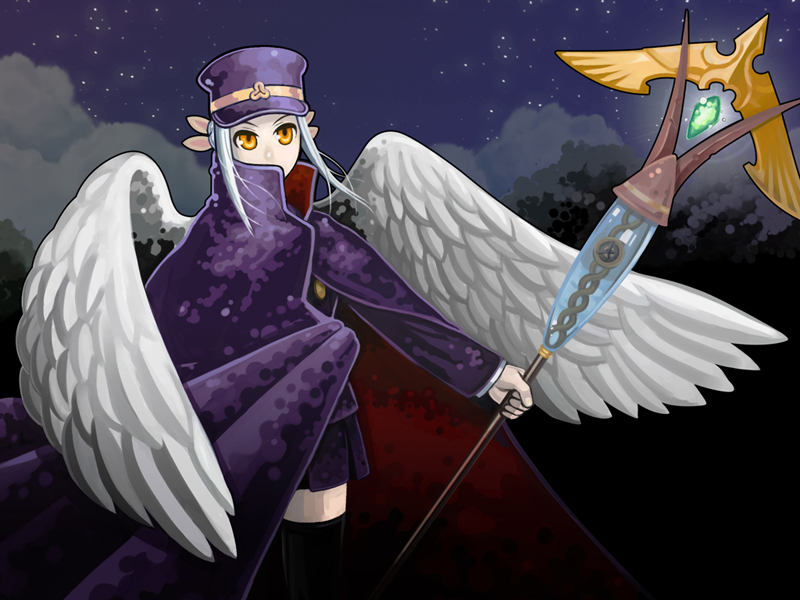 kikukawa norihiko, fumika, kanaka, shigofumi, silver hair, bad id, bad pixiv id, 00s, cape, hat, night, shako cap, skirt, solo, staff, thighhighs, wings, yellow eyes