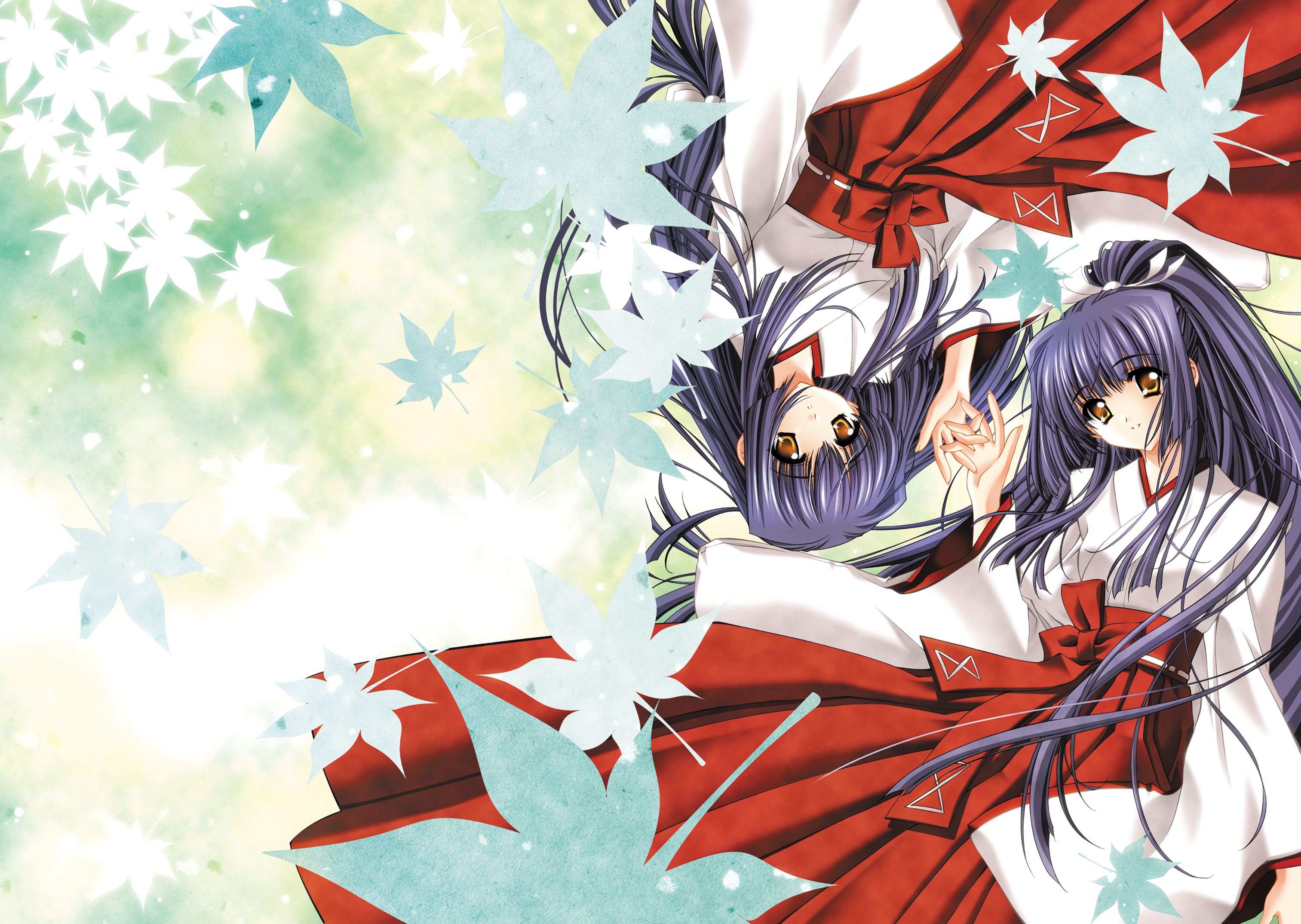 carnelian, kuraki mizuna, kuraki suzuna, kao no nai tsuki, highres, 00s, 2girls, hakama, hakama skirt, holding hands, japanese clothes, long hair, matching outfits, miko, multiple girls, ponytail, purple hair, red hakama, siblings, sisters, skirt, twins, yellow eyes