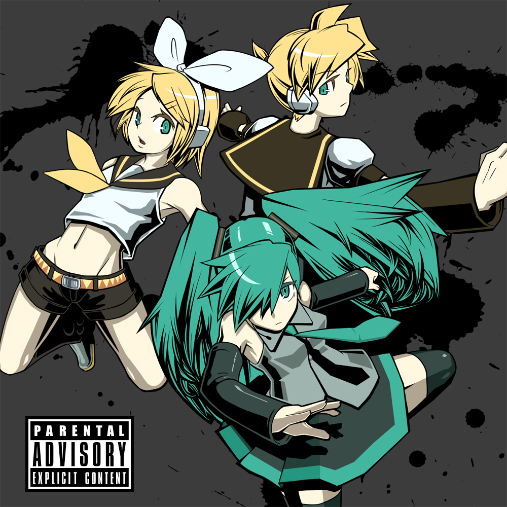 kikukawa norihiko, hatsune miku, kagamine len, kagamine rin, vocaloid, bad id, bad pixiv id, 1boy, 2girls, aqua hair, brother and sister, multiple girls, parental advisory, siblings, thighhighs, twins