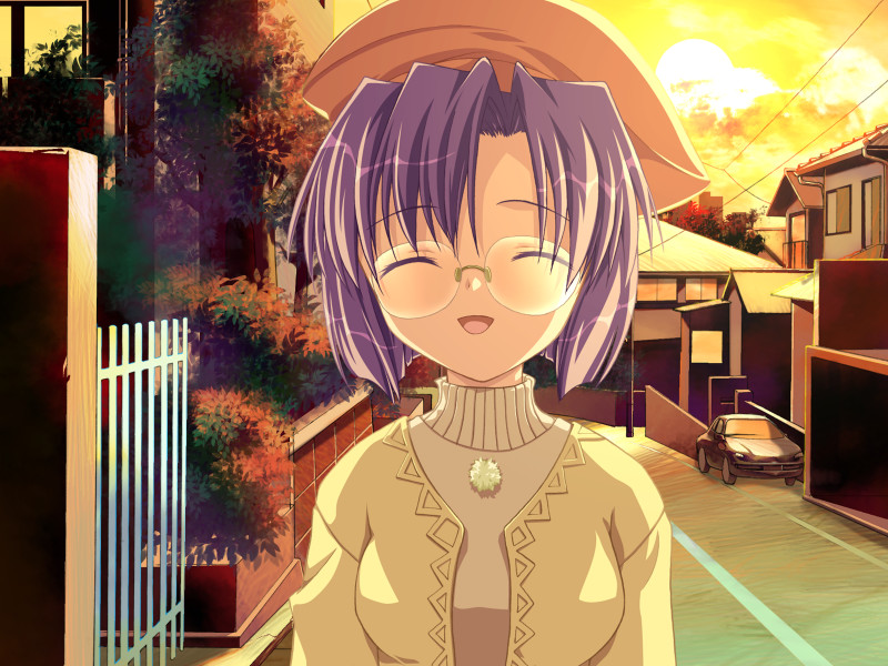 kannazuki genshi, kirishima kaho, l-laboratory, trouble trap lab, game cg, 1girl, beret, blue hair, closed eyes, female focus, glasses, hat, short hair, solo