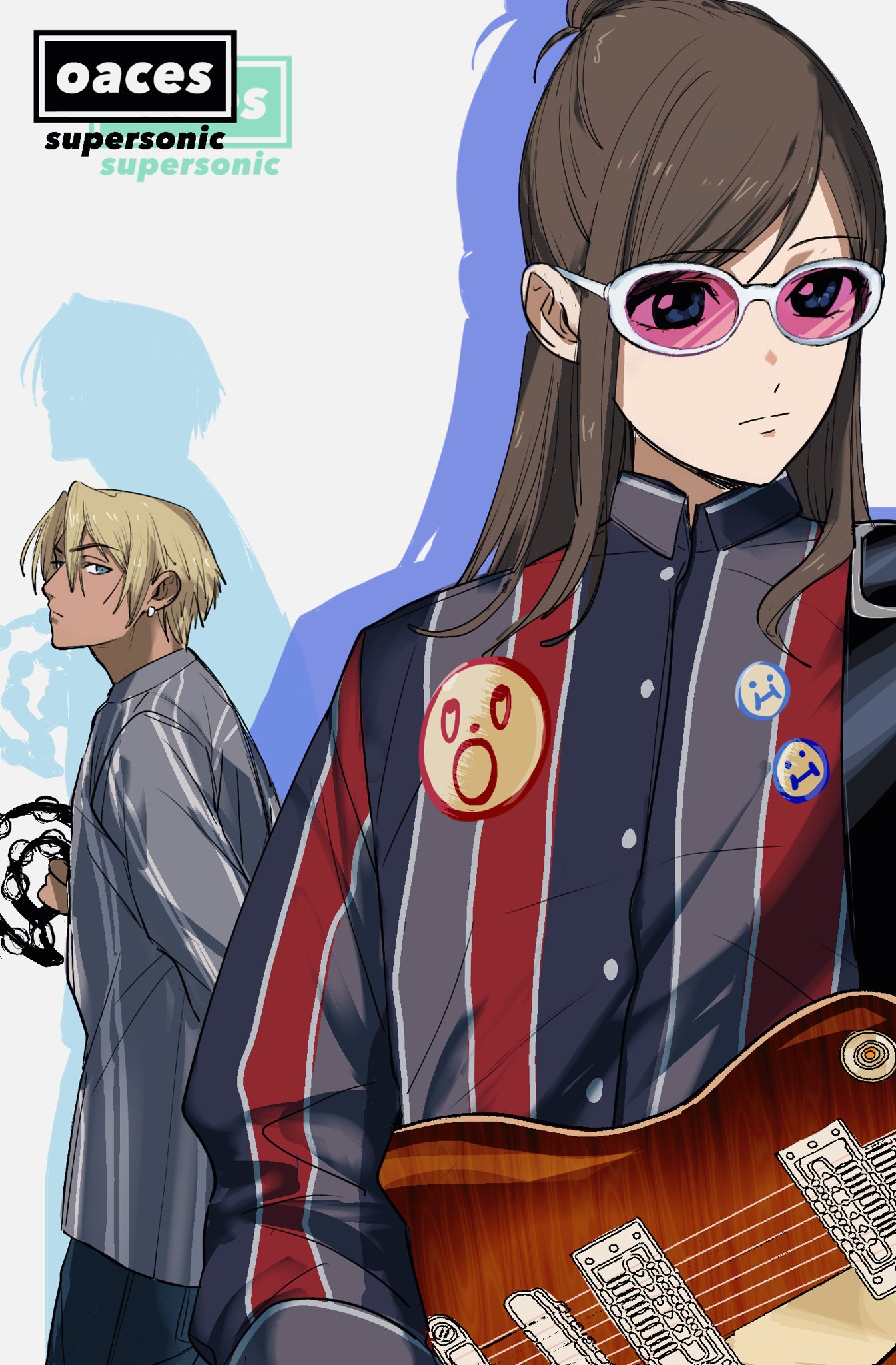 amikoiiko, ema skye, klavier gavin, ace attorney, apollo justice: ace attorney, oasis (band), real life, highres, 1boy, 1girl, :i, :o, aged down, badge, band (music), blonde hair, blue eyes, blue outline, blue shirt, brown hair, buckle, button badge, buttons, closed mouth, copyright logo, copyright name, cosplay, cowboy shot, dark-skinned male, dark skin, denim, dress shirt, drop shadow, earrings, electric guitar, english text, gibson les paul, glasses, group name, guitar, guitar strap, hair between eyes, half updo, holding, holding guitar, holding instrument, holding tambourine, instrument, jeans, jewelry, liam gallagher, liam gallagher (cosplay), logo, long hair, long sleeves, looking at another, looking at object, looking down, looking to the side, mismatched eyebrows, multicolored shirt, music, noel gallagher, noel gallagher (cosplay), official alternate hairstyle, outline, pants, pink-tinted eyewear, playing guitar, playing instrument, pocket, profile, red shirt, shirt, short hair, simple background, single earring, song name, sternocleidomastoid muscle, striped clothes, striped shirt, sunglasses, tambourine, tinted eyewear, upper body, vertical-striped clothes, vertical-striped shirt, white-framed eyewear, white background