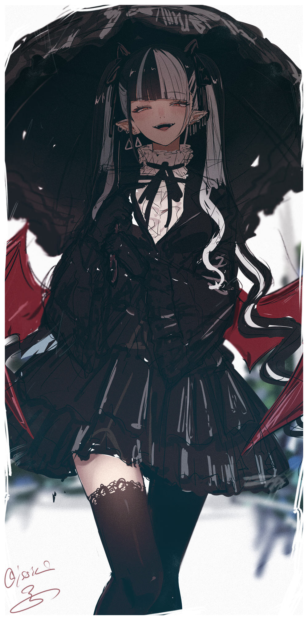 isshiki (ffmania7), harusaruhi, kamitsubaki studio, highres, alternate costume, black dress, black hair, black thighhighs, black umbrella, blue hair, choker, demon wings, dress, earrings, fangs, hair over shoulder, hair ribbon, holding, holding umbrella, jewelry, looking down, miniskirt, pointy ears, red eyes, red wings, ribbon, ribbon choker, shade, shirt, signature, sketch, skirt, smile, sphere earrings, thighhighs, triangle earrings, umbrella, white background, white hair, white shirt, wings