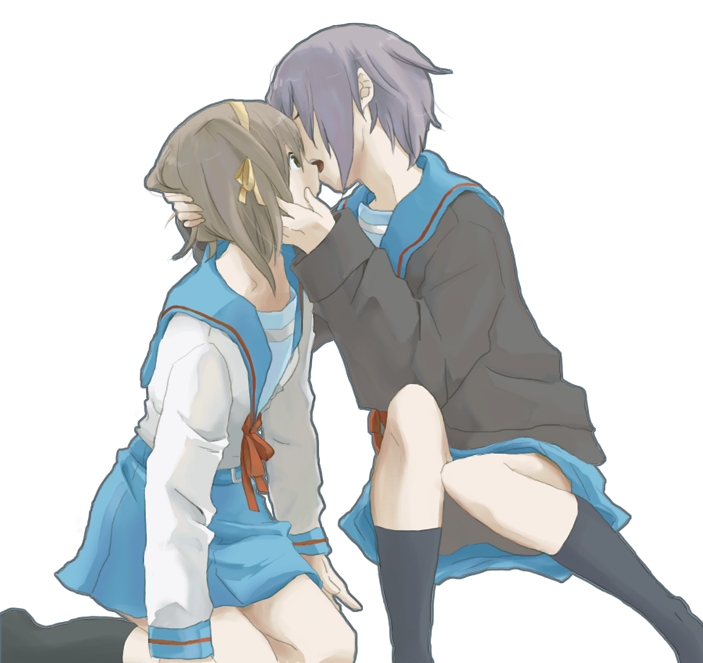 tani (tus), nagato yuki, suzumiya haruhi, suzumiya haruhi no yuuutsu, bad id, bad pixiv id, 00s, 2girls, cardigan, kiss, multiple girls, school uniform, serafuku, yuri