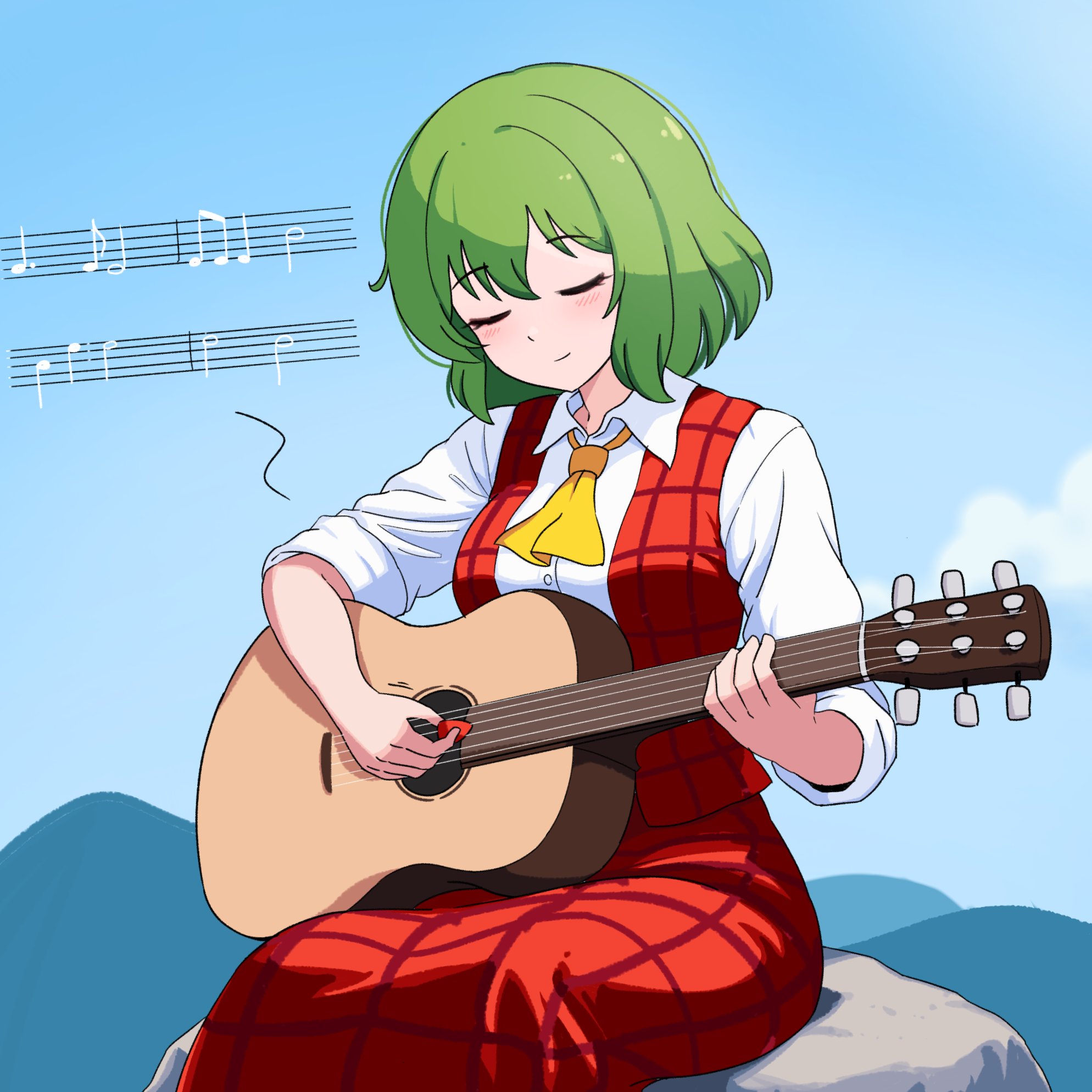 ehehe52921343, kazami yuuka, touhou, commentary, highres, mixed-language commentary, 1girl, ascot, blue sky, closed eyes, closed mouth, cloud, green hair, guitar, holding, holding guitar, holding instrument, instrument, music, musical note, outdoors, plaid clothes, plaid vest, playing instrument, red skirt, red vest, shirt, short hair, sitting, skirt, sky, solo, vest, white shirt, yellow ascot