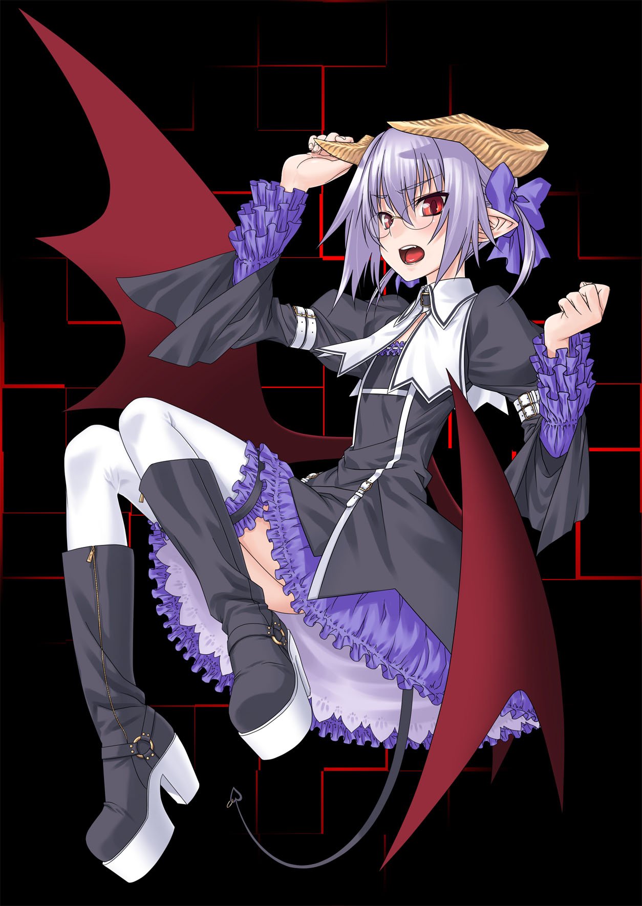212 (kisaragi), original, platform footwear, bad id, bad pixiv id, highres, 1girl, boots, demon girl, demon horns, demon tail, fang, female focus, frills, glasses, hair ribbon, horns, knee boots, open mouth, platform boots, pointy ears, purple hair, red eyes, ribbon, solo, tail, thighhighs, white thighhighs, wings