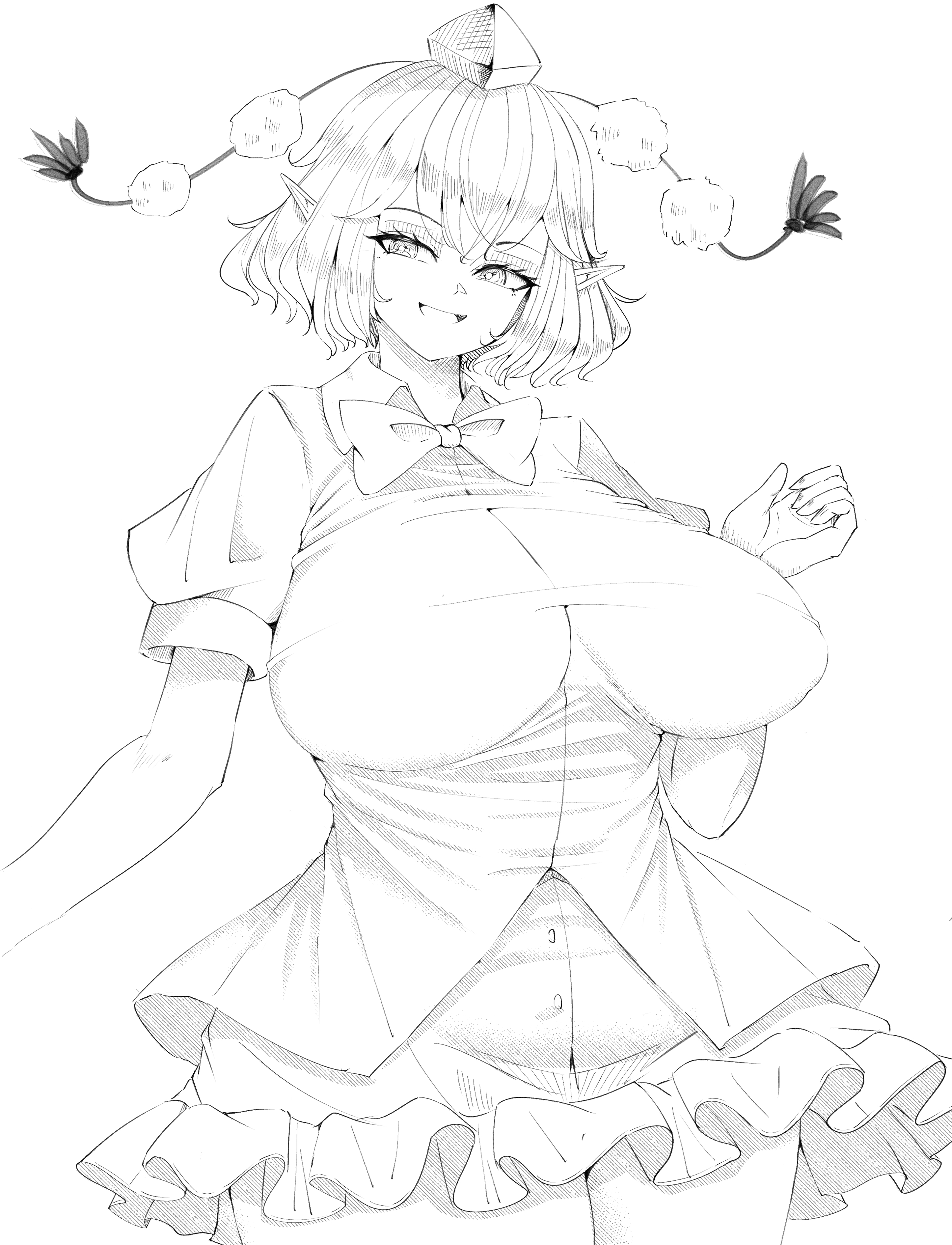 aonori00, shameimaru aya, touhou, absurdres, commentary, highres, 1girl, :d, bow, bowtie, breasts, cowboy shot, frilled skirt, frills, greyscale, hat, large breasts, looking at viewer, monochrome, open mouth, pointy ears, pom pom (clothes), shirt, short hair, skirt, smile, solo, tokin hat