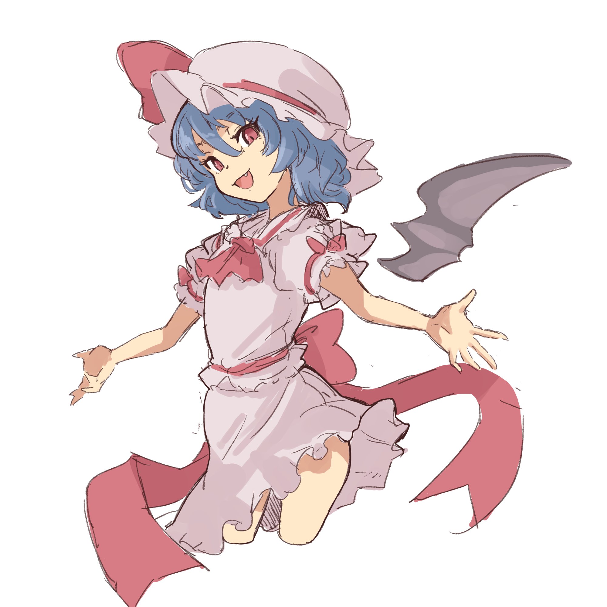 bifidus (exkagerou8665), remilia scarlet, touhou, commentary request, highres, 1girl, bat wings, blue hair, fang, hair between eyes, hat, hat ribbon, mob cap, one-hour drawing challenge, open mouth, red ribbon, ribbon, shirt, short hair, short sleeves, simple background, skirt, smile, solo, white background, white hat, white shirt, white skirt, wings