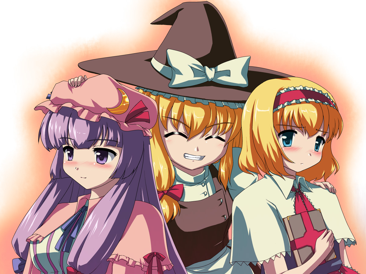 tdk, alice margatroid, kirisame marisa, patchouli knowledge, touhou, hand on head, looking away, striped, 3girls, ^ ^, blonde hair, blue eyes, blush, book, bow, capelet, closed eyes, crescent, dress, female focus, grimoire, grimoire of alice, grin, hair bow, hairband, hat, hat bow, holding, holding book, long hair, multiple girls, neck ribbon, purple eyes, purple hair, ribbon, short hair, smile, vertical stripes, witch, witch hat