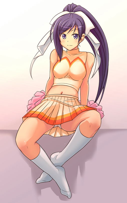 e20, yuri (quiz magic academy), quiz magic academy, cheerleader, feet, hair ribbon, kneehighs, midriff, panties, pantyshot, pom pom (cheerleading), ponytail, ribbon, skirt, socks, solo, underwear